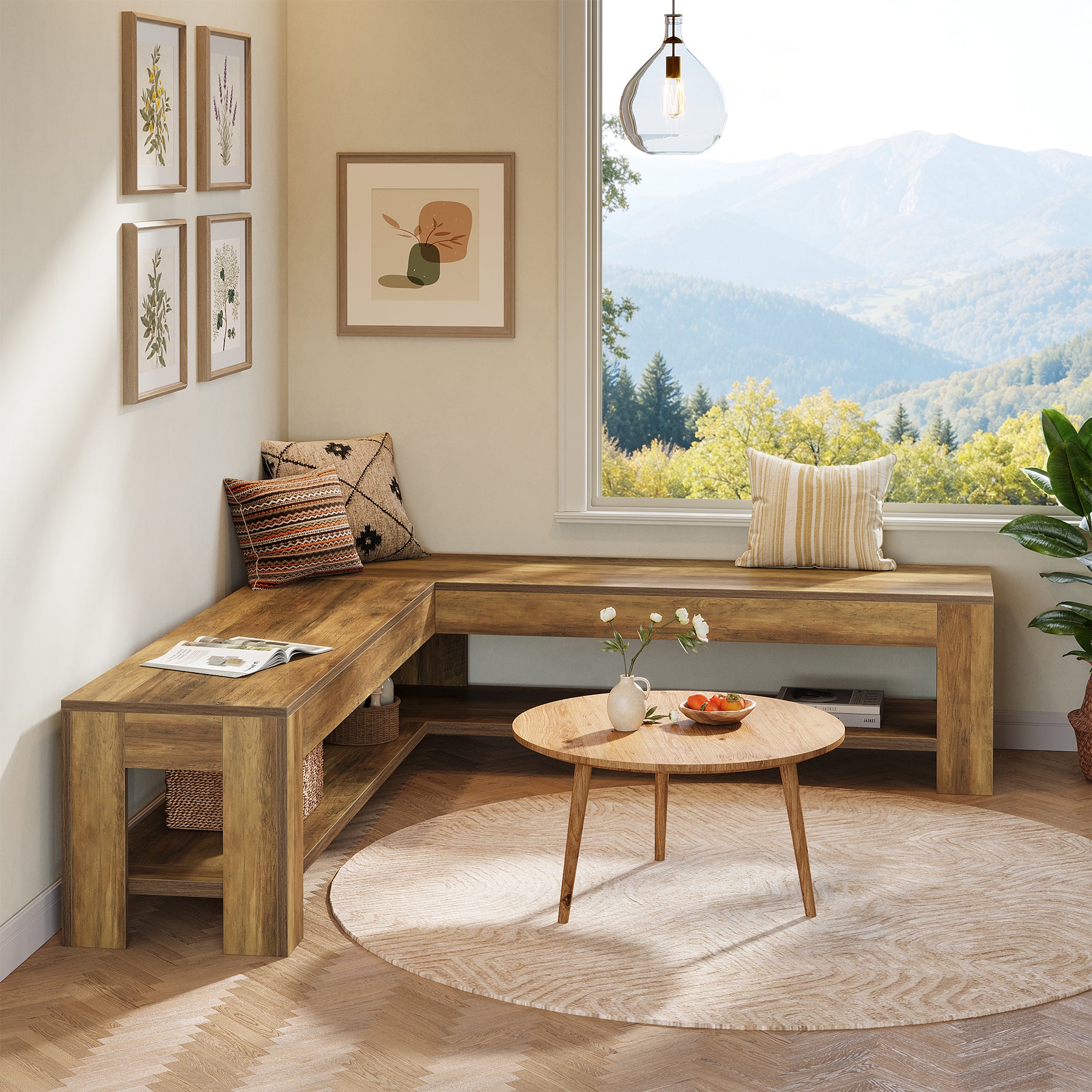 L-Shaped Bench, Corner Dining Nook Bench with Storage Shelf for Kitchen, Living Room