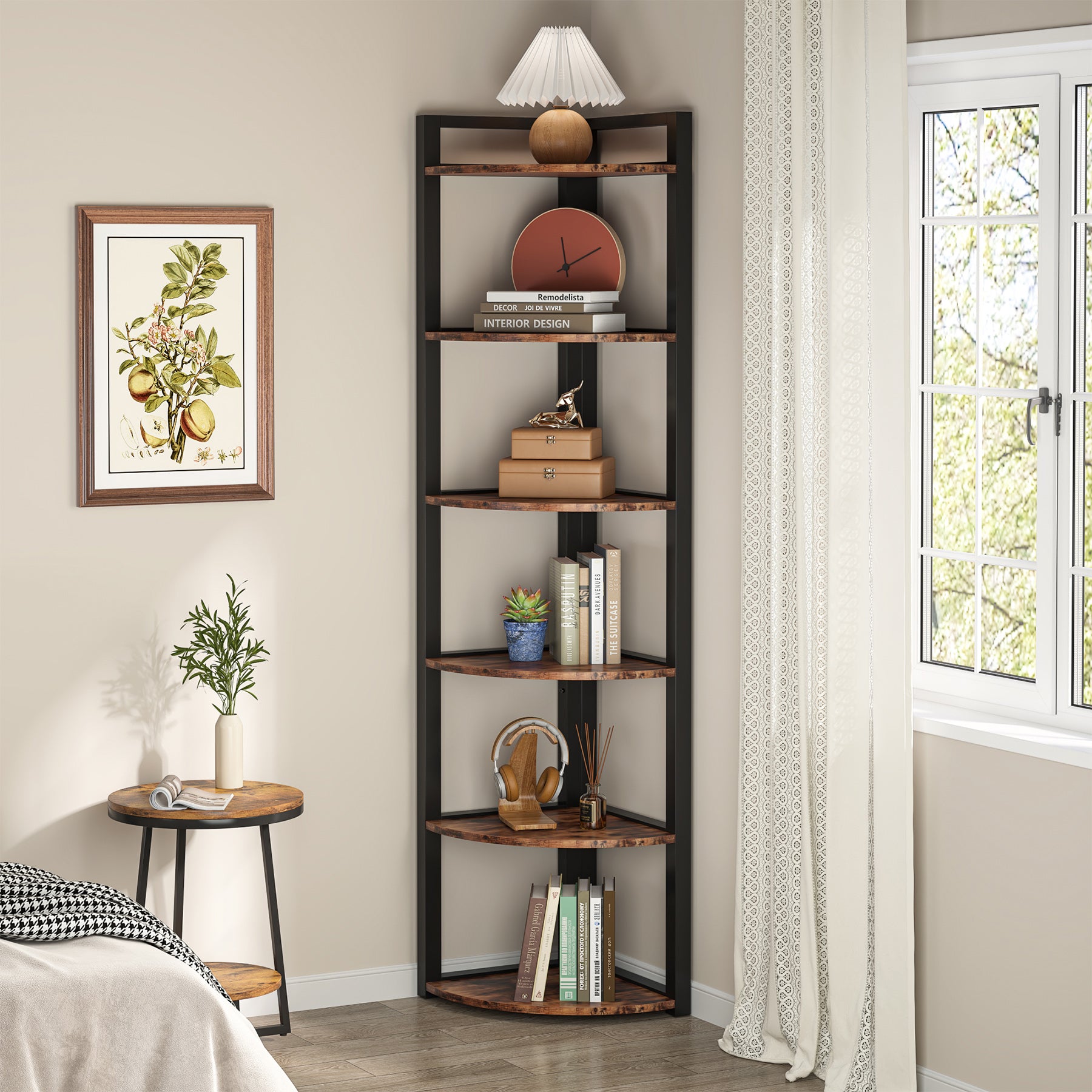 6-Tier Corner Shelf, 70.9 Inch Tall Corner Bookshelf Small Bookcase Rustic Corner Shelving Unit Storage Rack