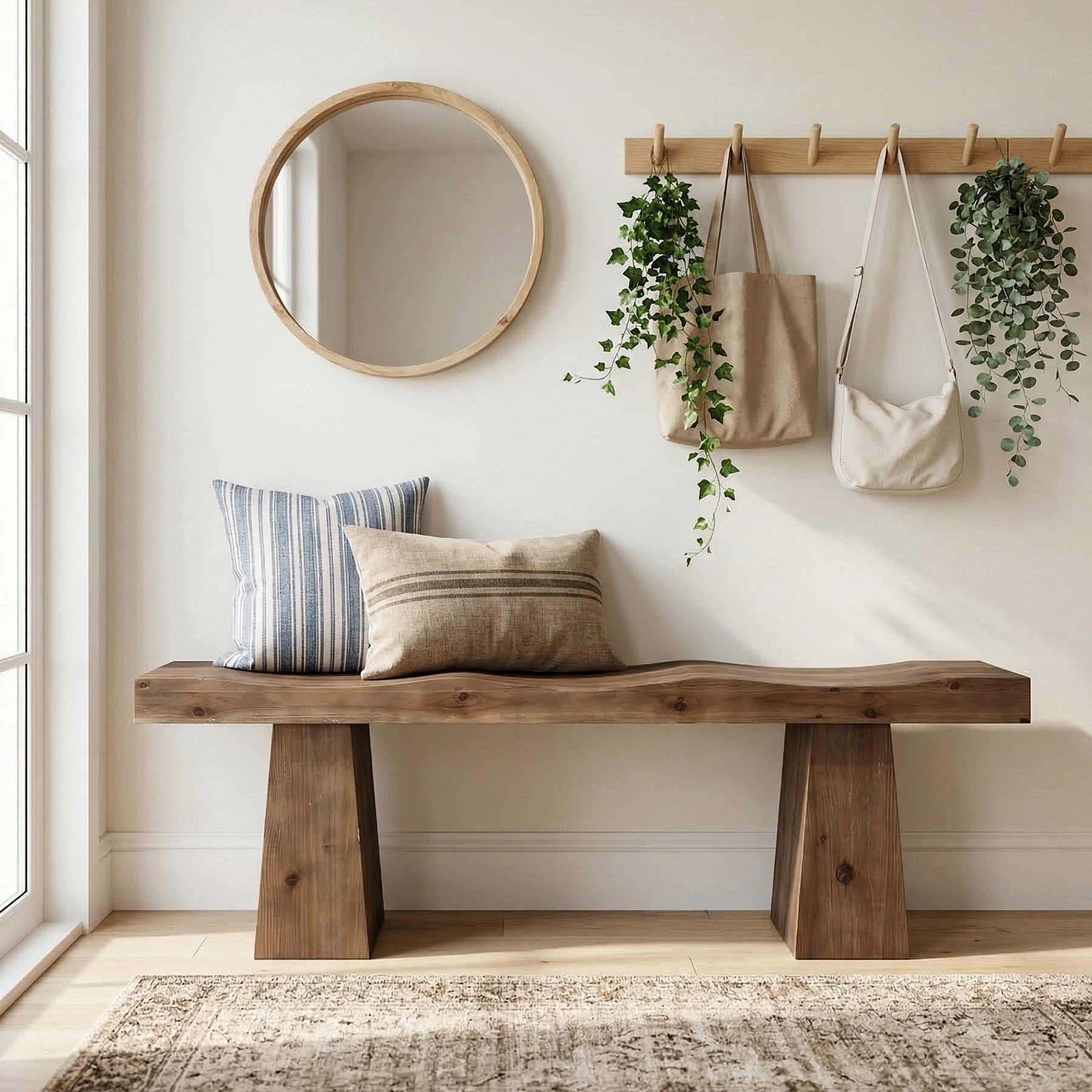Solid Wood Entryway Bench, 59" End of Bed Bench with Wavy Edges Design