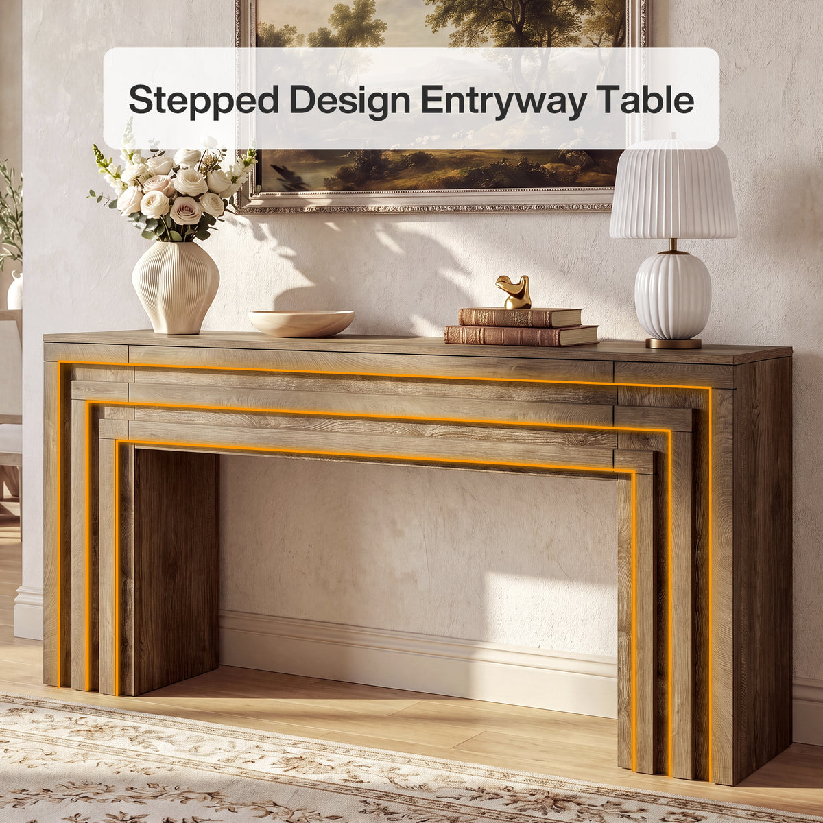 63" Console Table with Storage Cabinet, Entryway Sofa Table with Layered Geometric Frame