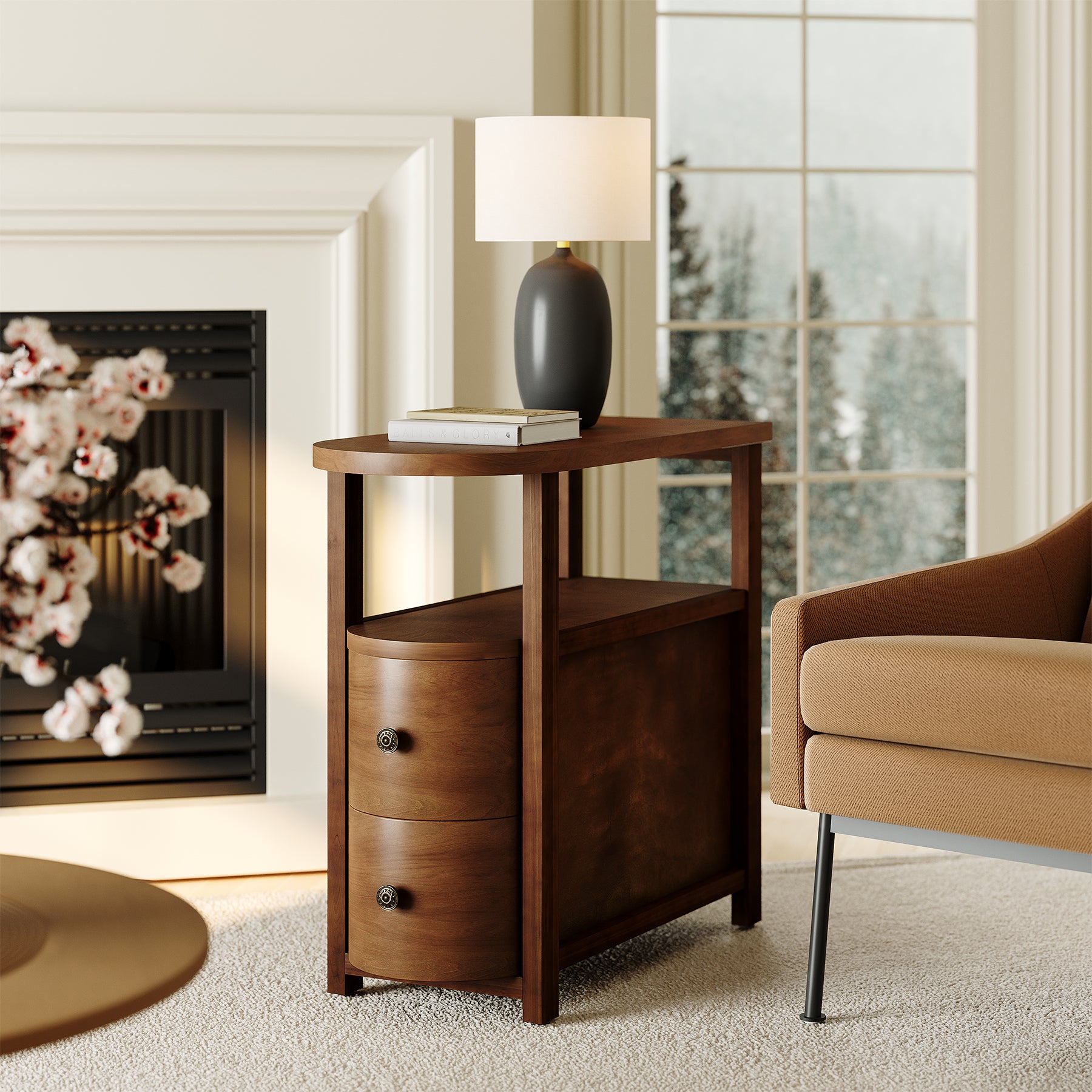 Solid Wood End Table, Slim Side Table with 2 Drawers & Open Shelf