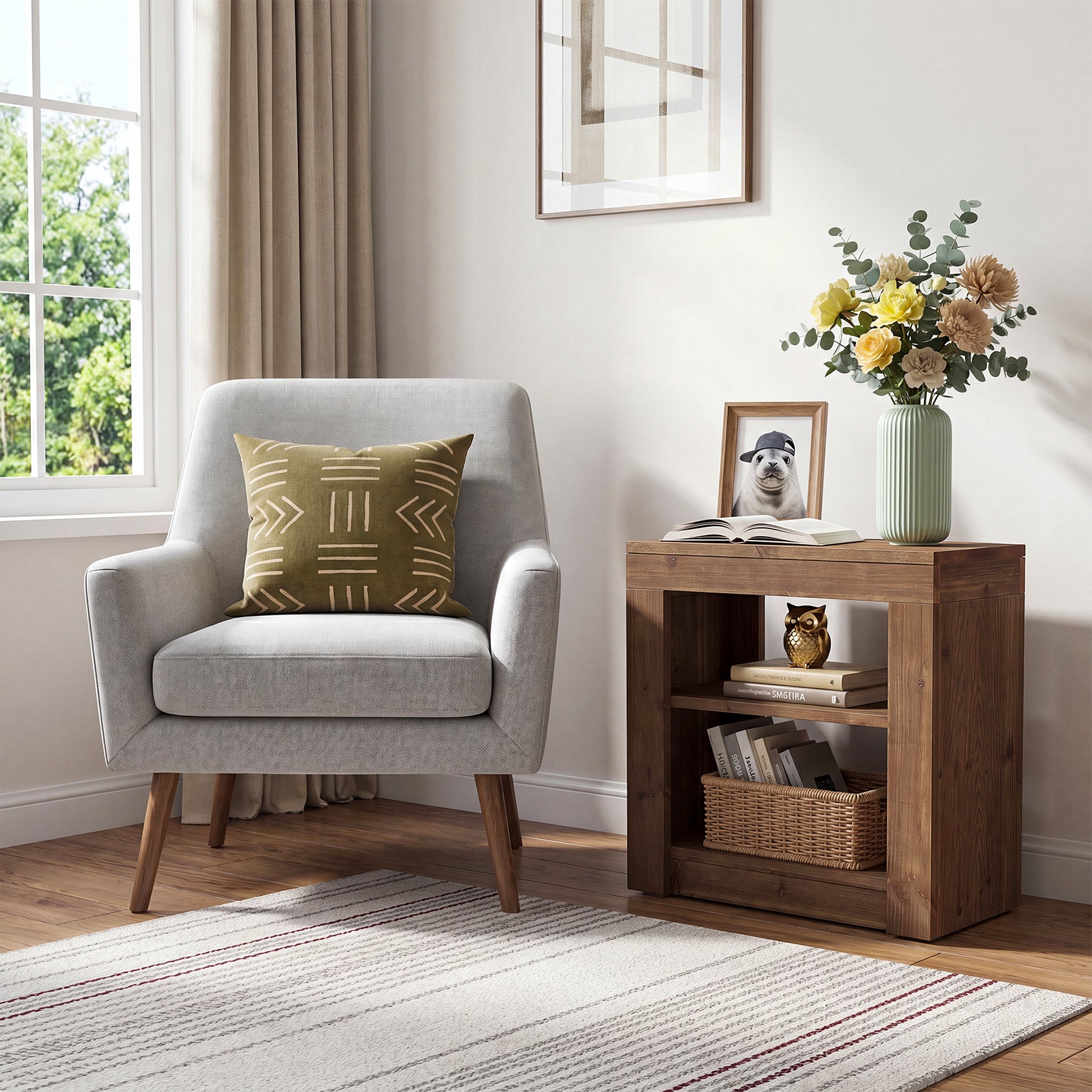 Solid Wood Rectangle End Table, Slim Side Table with Storage Shelf for Living Room