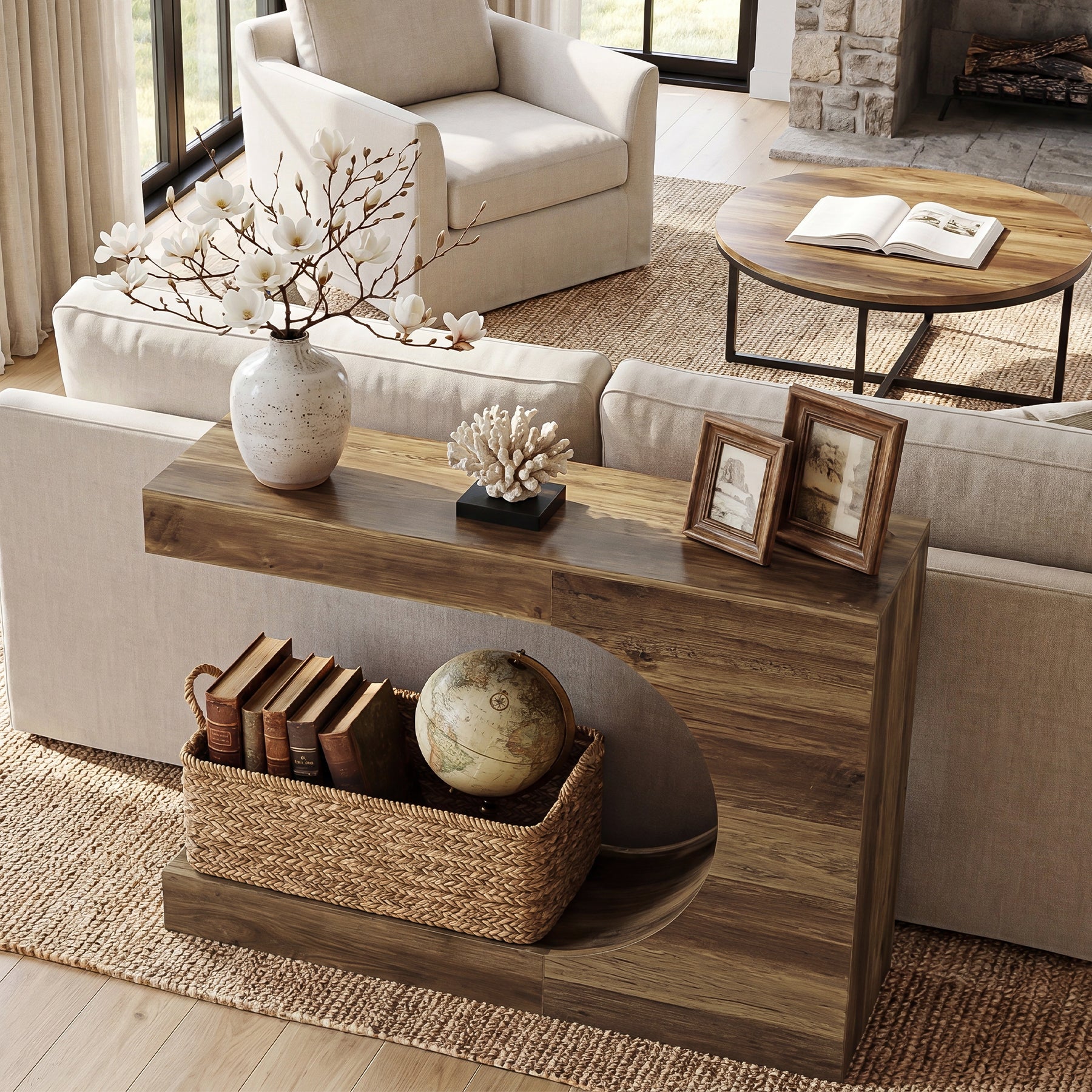 39.4" C-Shaped Console Table, 2-Tier Entryway Sofa Table Behind Couch for Hallway