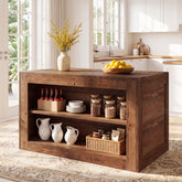 55" Solid Wood Kitchen Island, Farmhouse Stationary Table with 2-Tier Storage for Kitchen 3