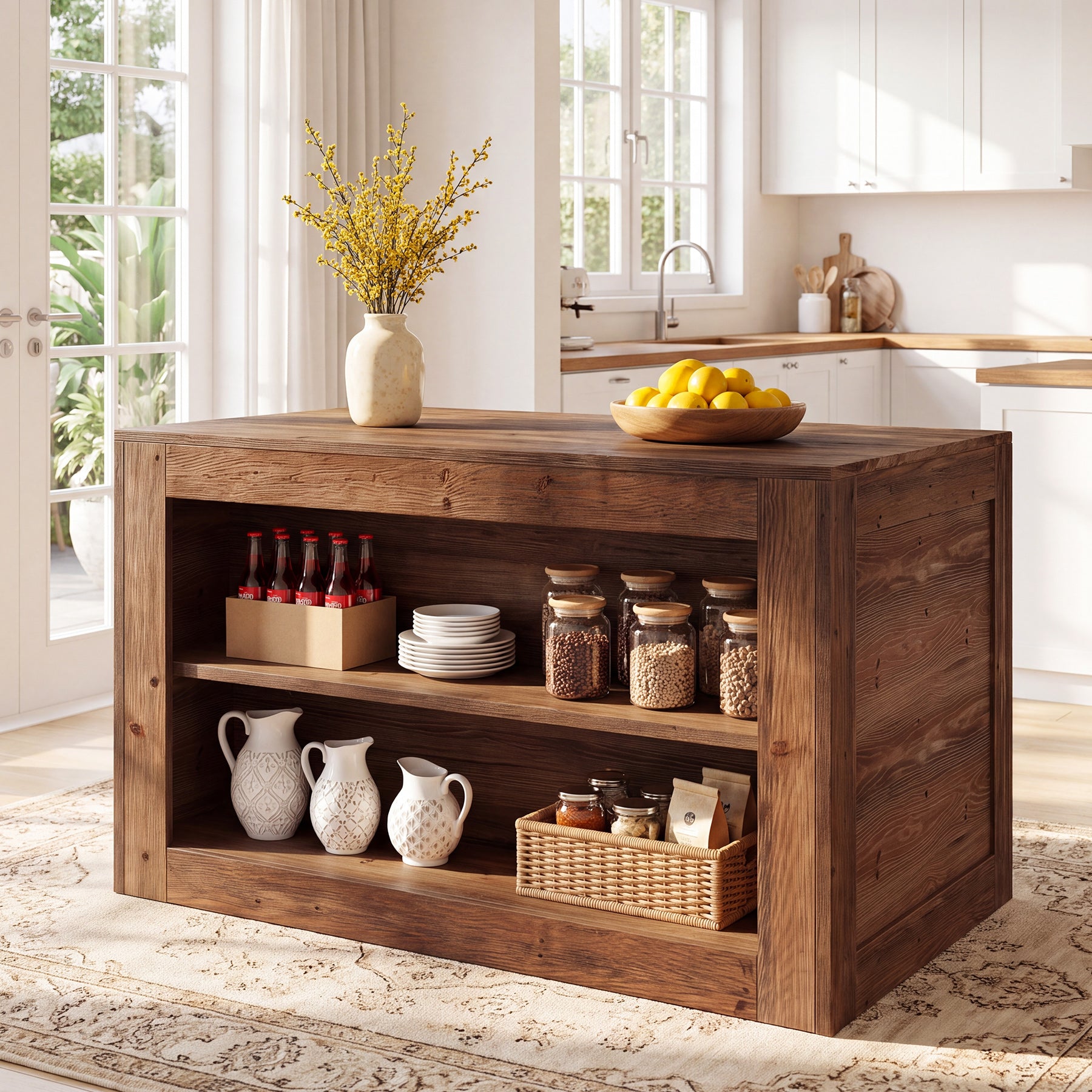 55" Solid Wood Kitchen Island, Farmhouse Stationary Table with 2-Tier Storage for Kitchen