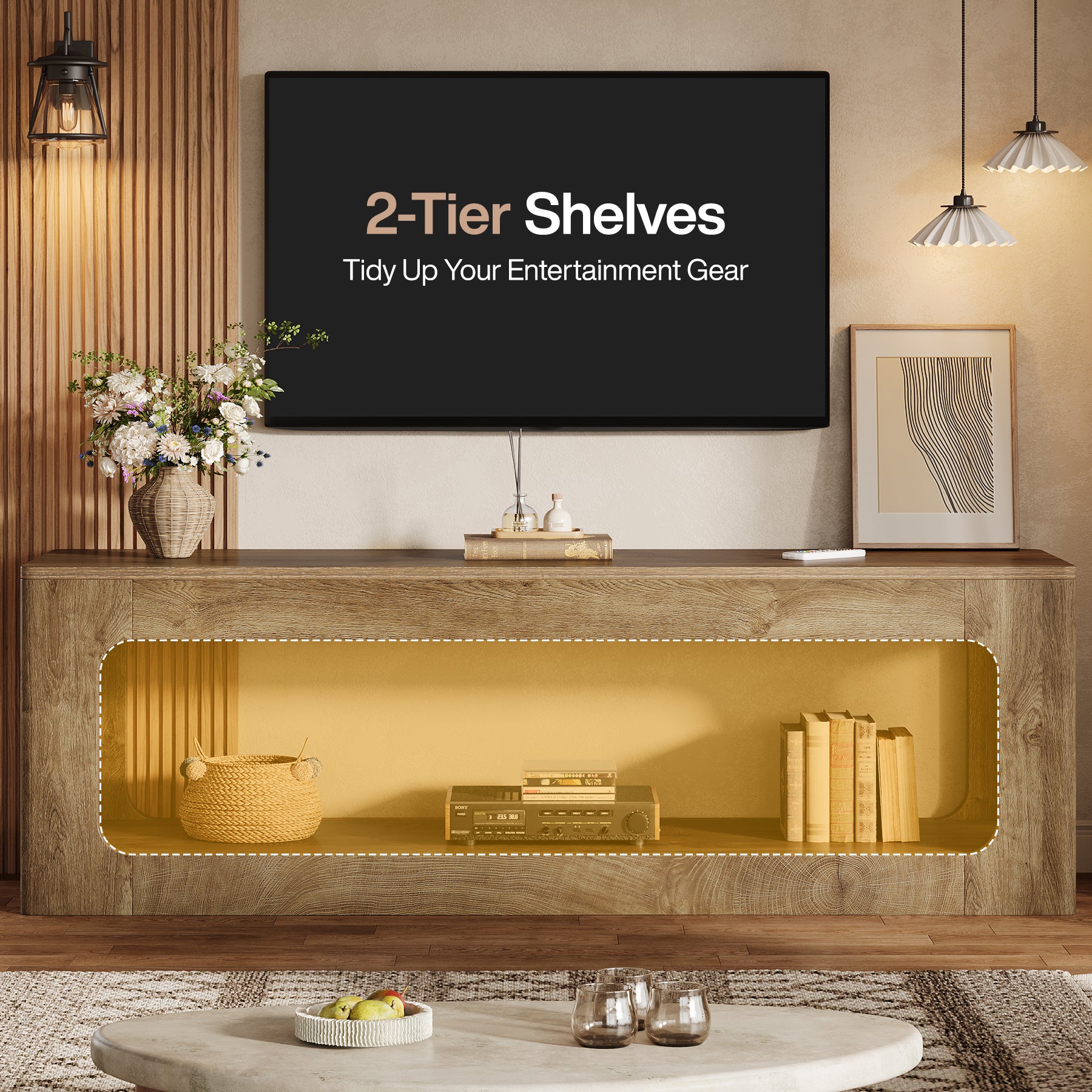 63" TV Stand, 2-Tier Entertainment Center for 55/60/65/75-Inch TVs