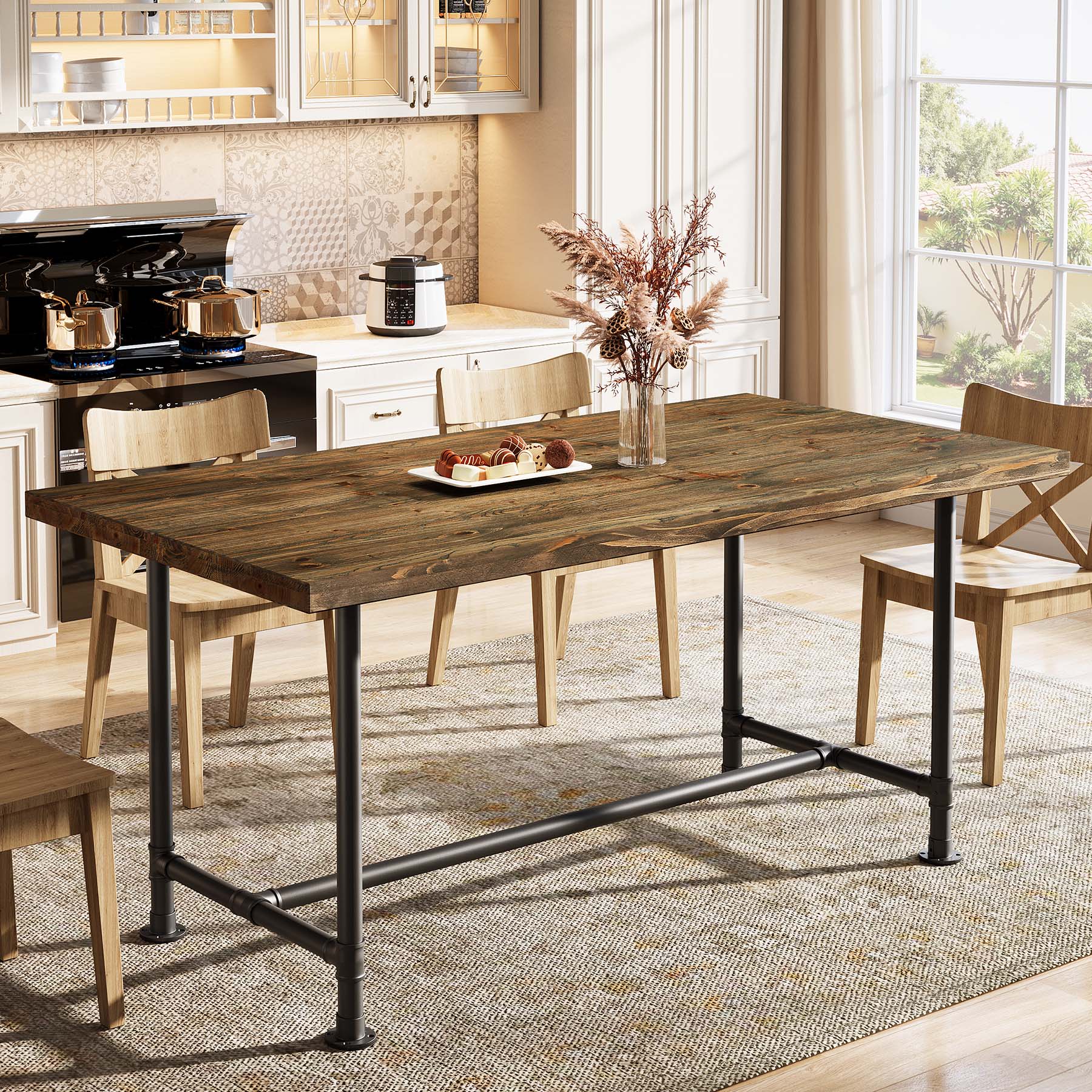 63" Solid Wood Dining Table for 4-6, Industrial Kitchen Table with Metal Footrest