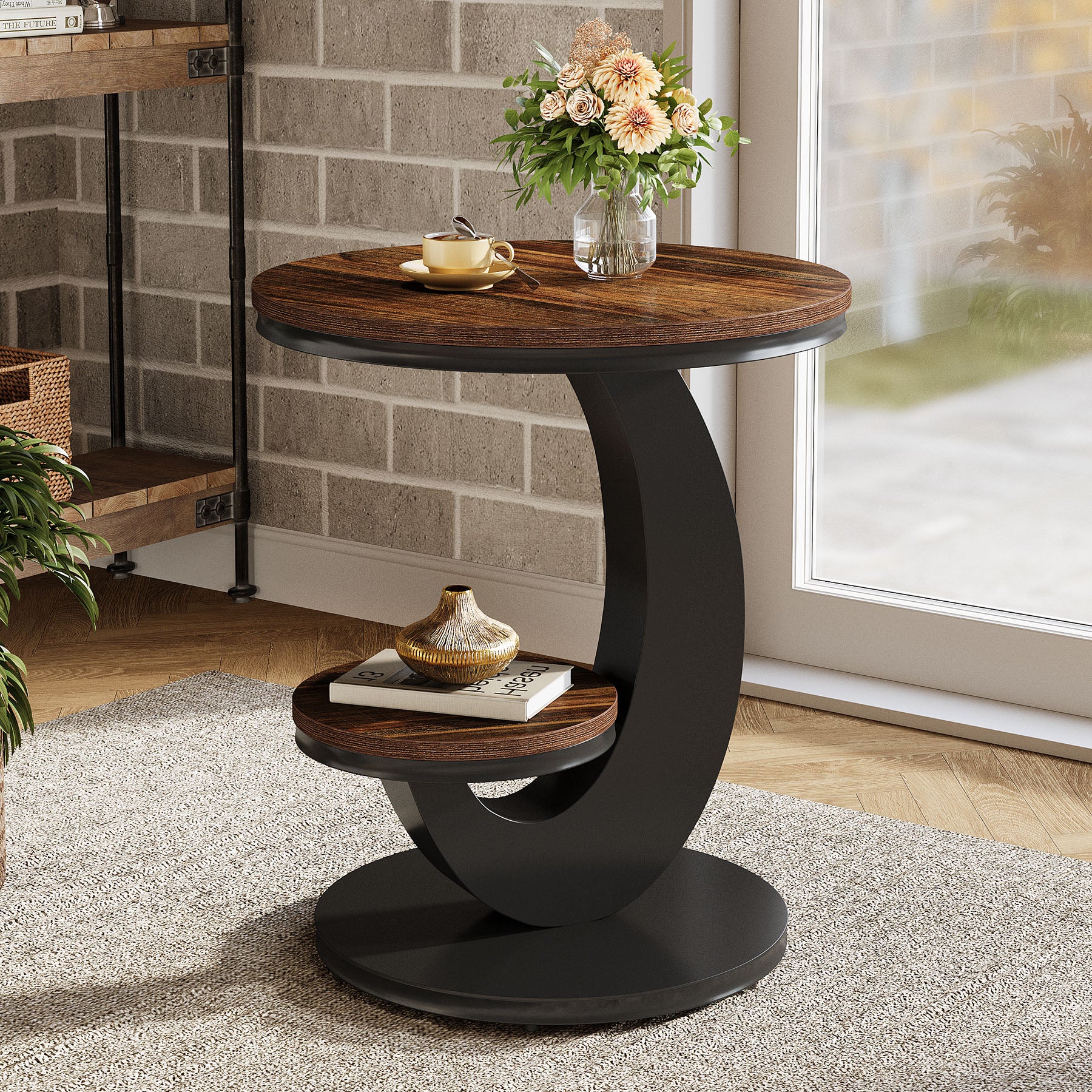 2 Tiers End Table, Sofa Side Bedside Table Nightstand with Arc-Shaped Frame