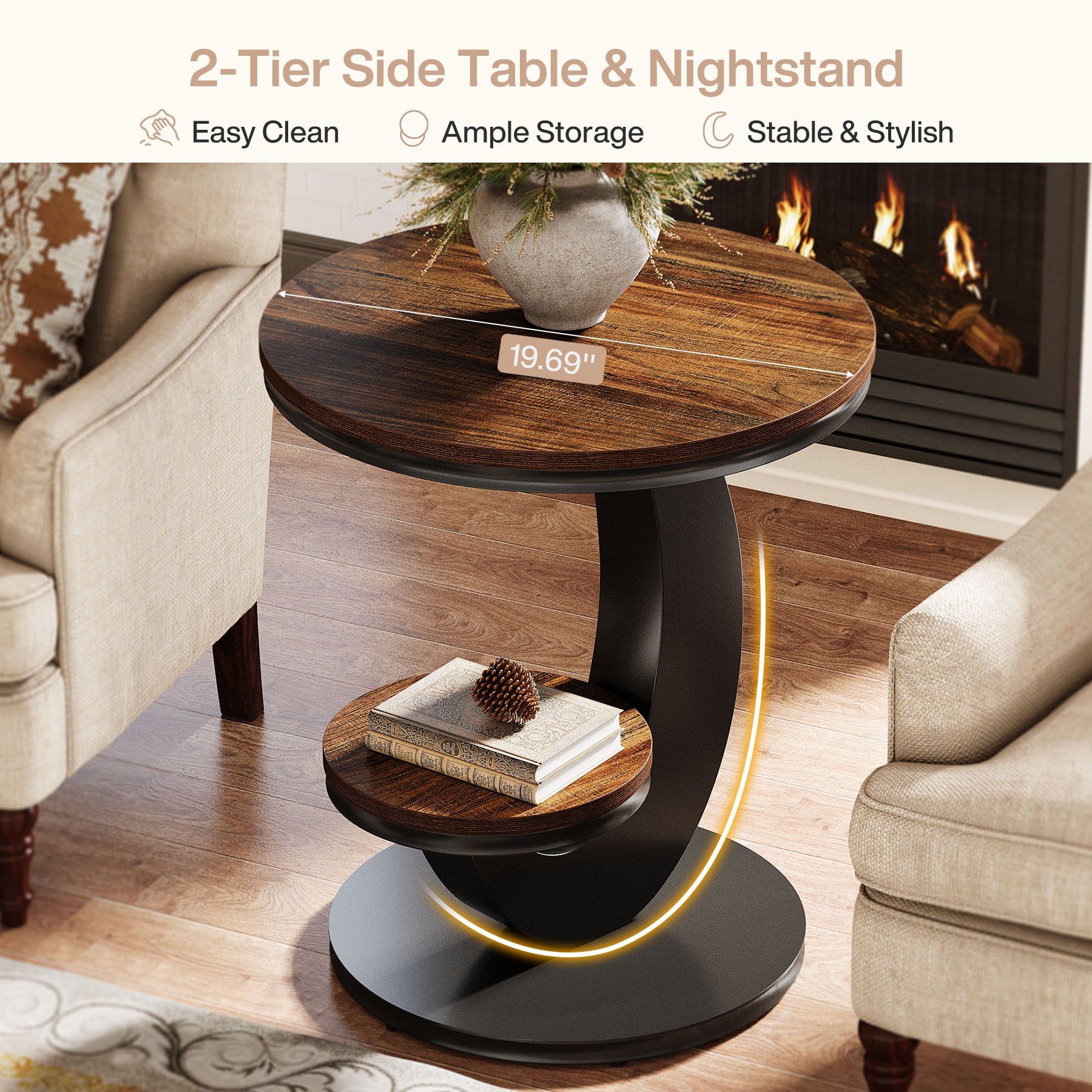 2 Tiers End Table, Sofa Side Bedside Table with Arc-Shaped Frame