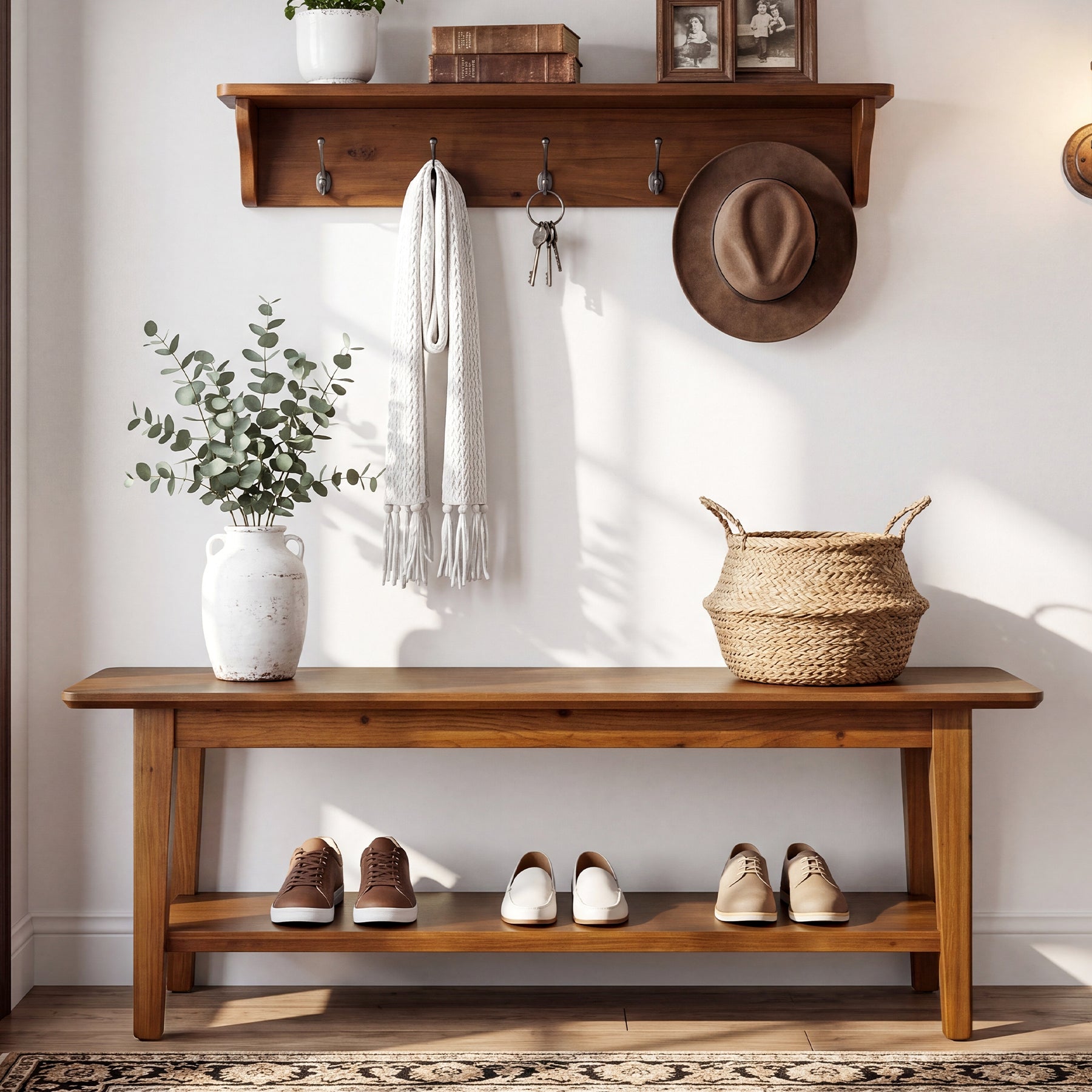 55" Solid Wood Entryway Bench, Farmhouse Shoe Storage Bench With Shelf For Hallway