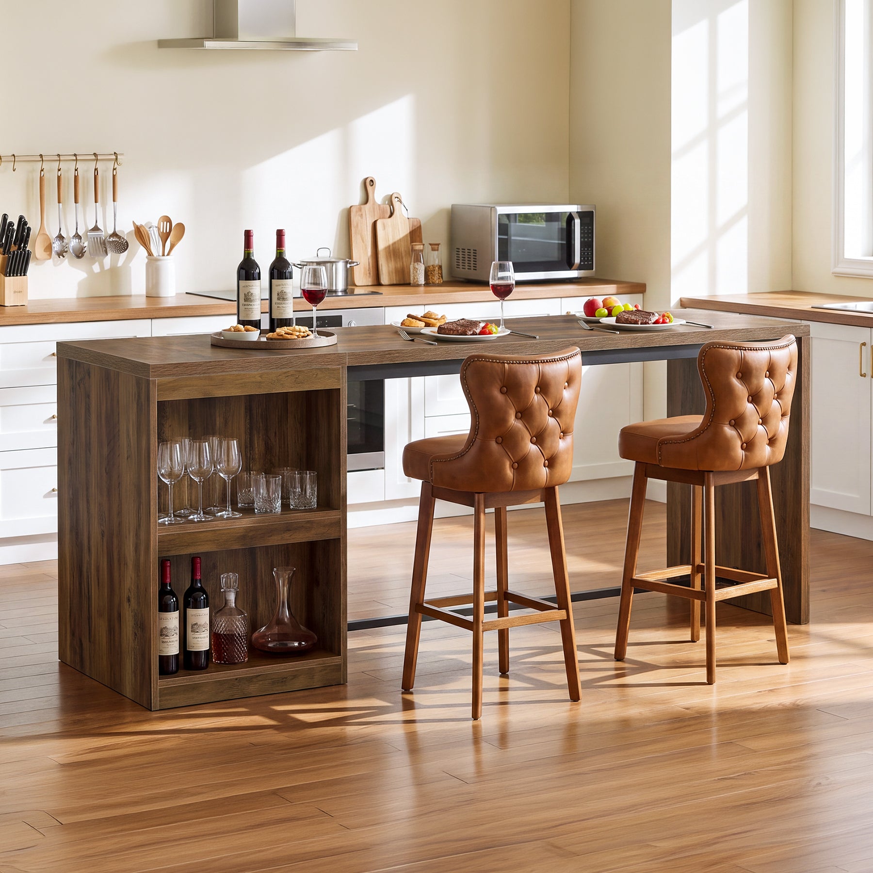 78.74" Bar Table, Large Counter Height Dining Table with Mini Fridge Space & 2 Shelves