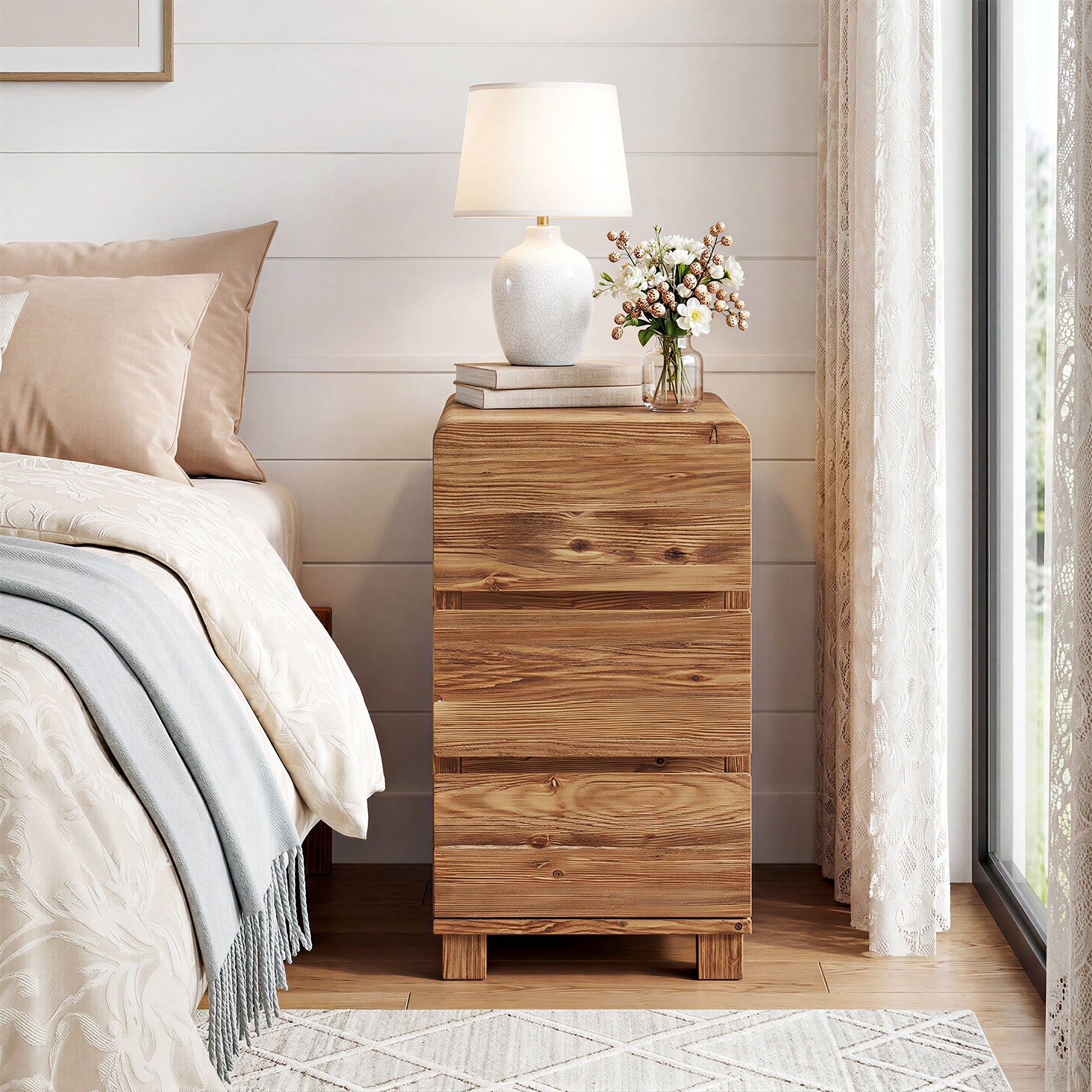 Tribesigns 3-Drawer Nightstand, Solid Wood Bedside Table for Bedroom