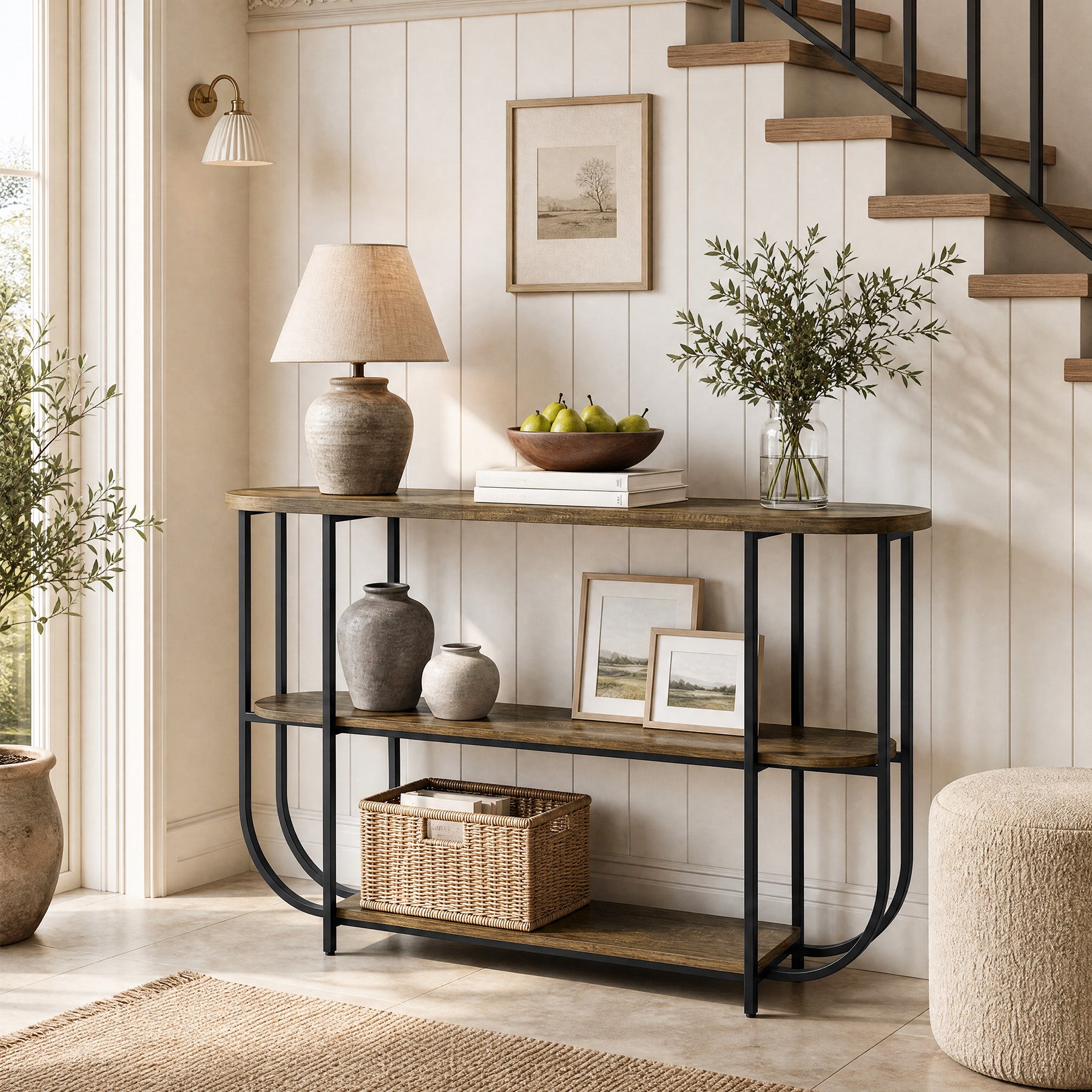 63" Console Table, 3-Tier Narrow Entryway Table with Curved Metal Frame