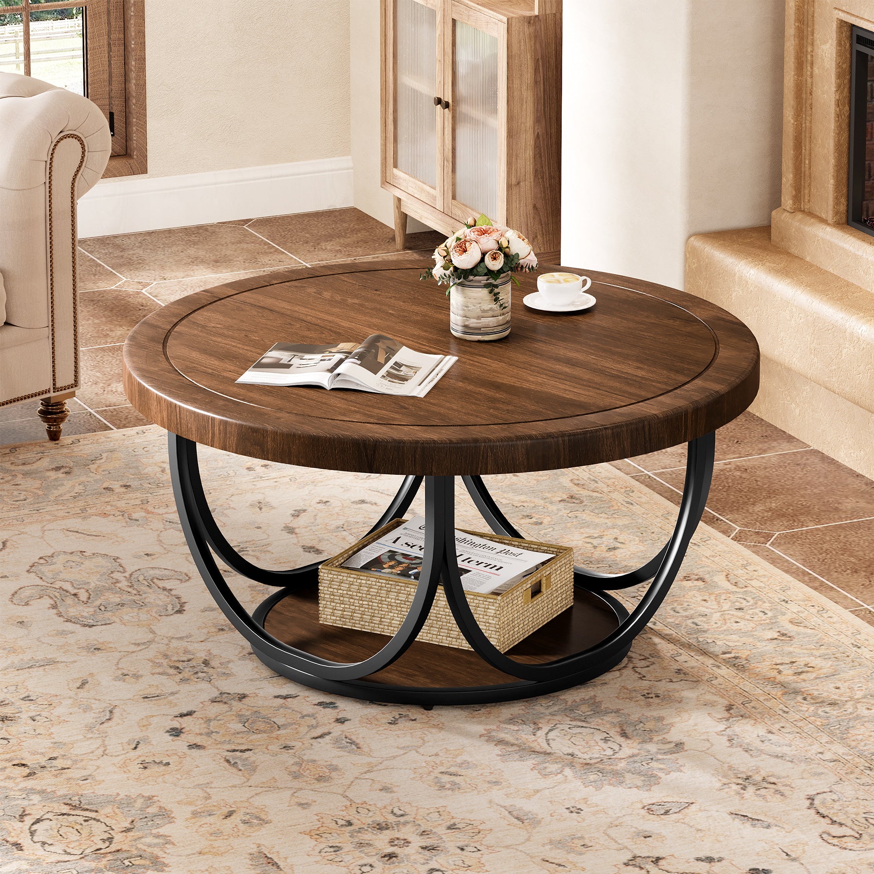 Round Coffee Table, 35.4" Circle Accent Cocktail Table with Storage Shelf