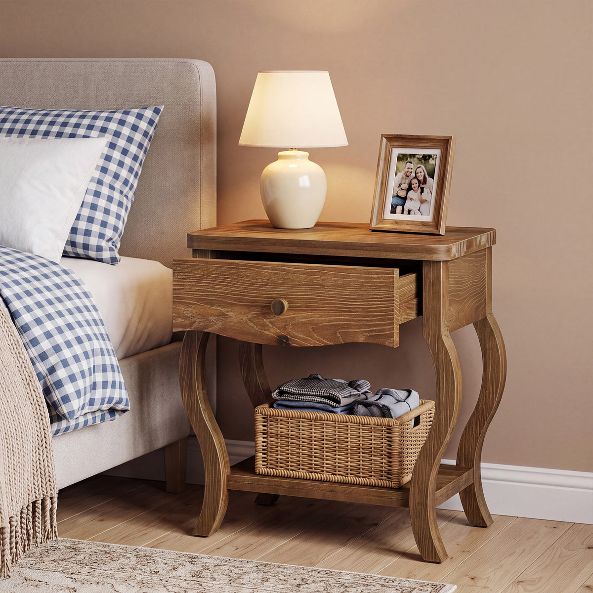 Rustic Solid Wood Nightstand, Drawer & Shelf, 24"W Bedside Table, Bedroom