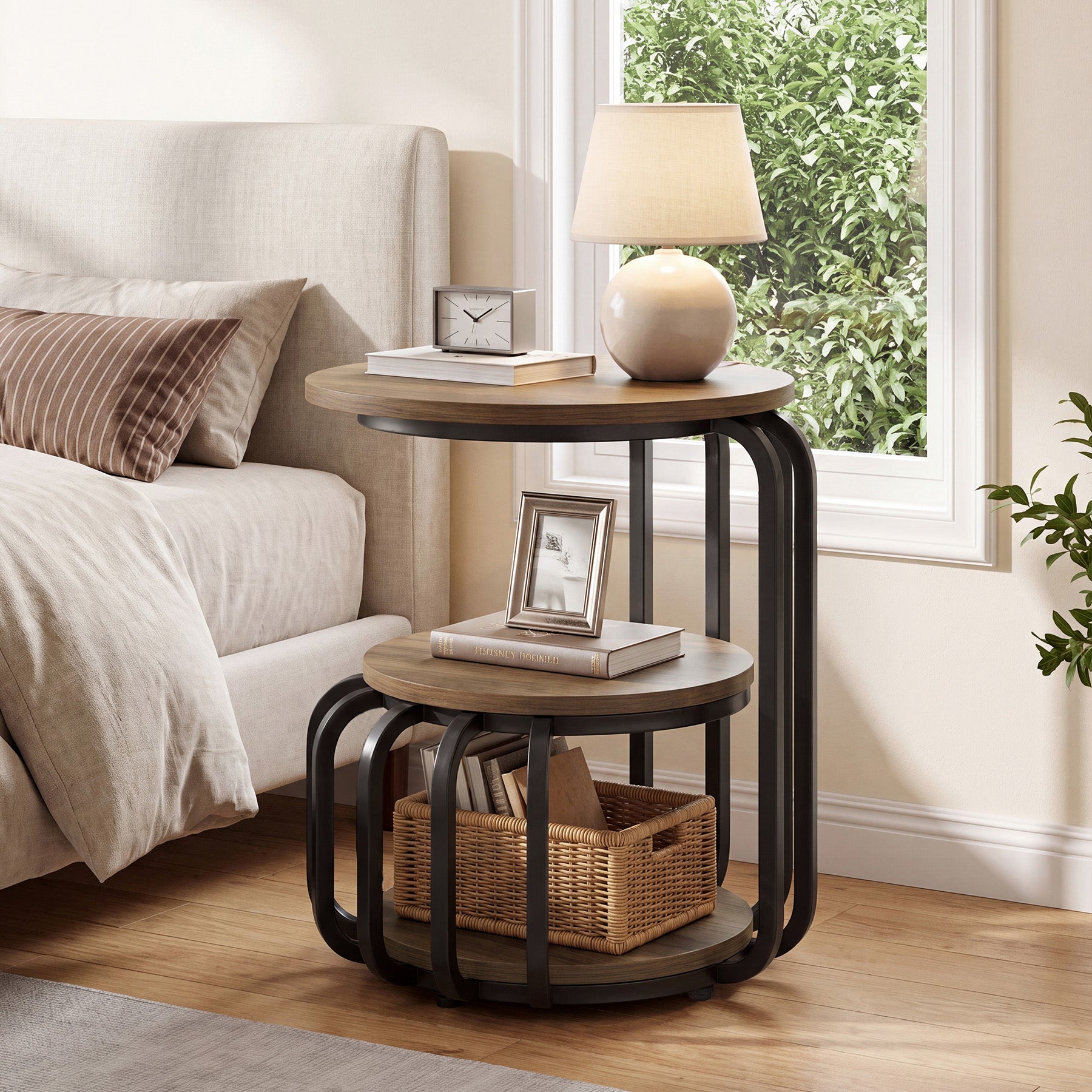 19.69" Round Nightstand, 3-Tier Bedside Table with Metal Frame for Bedroom