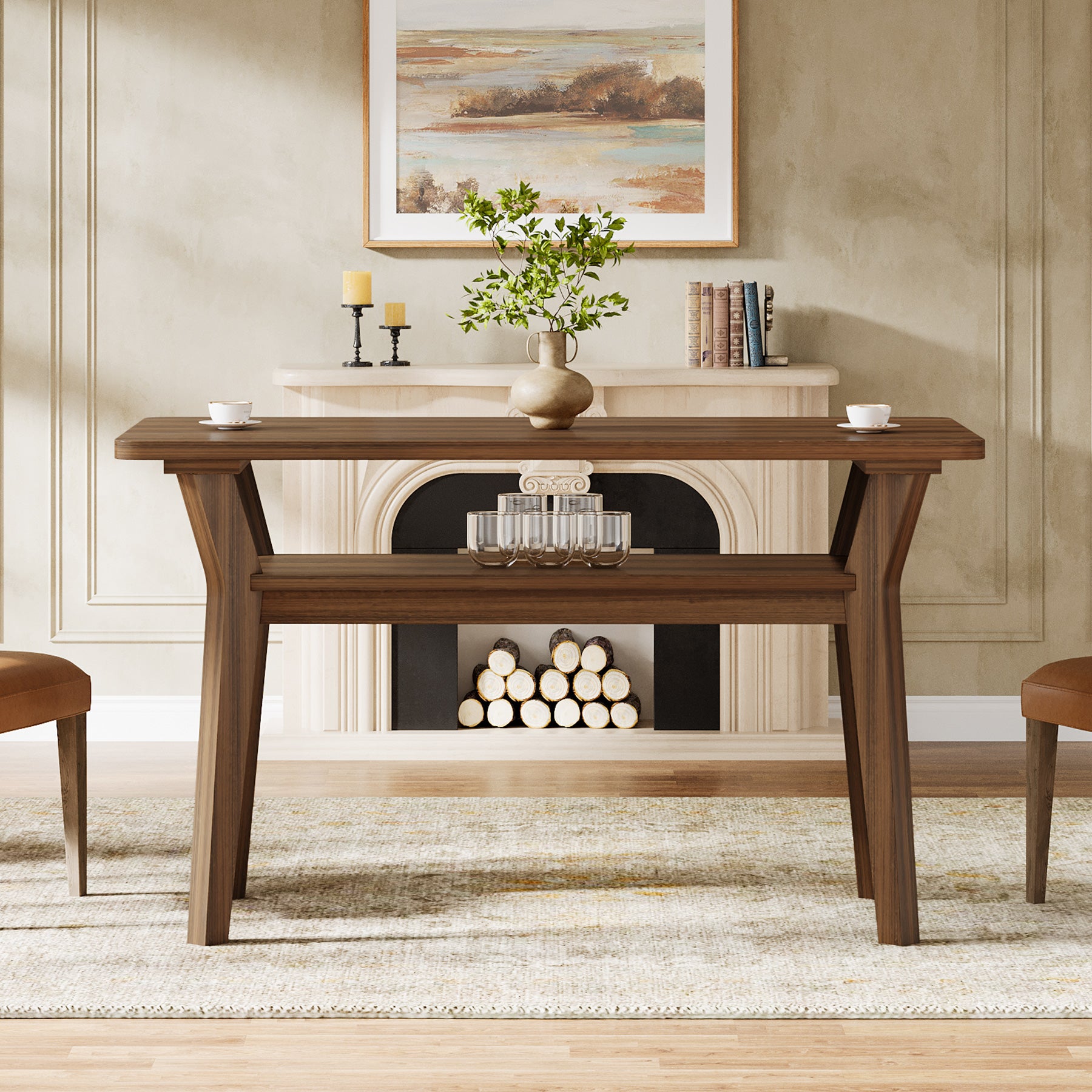 47" Dining Table, 2-Tier Rectangle Kitchen Table with Solid Wood Legs