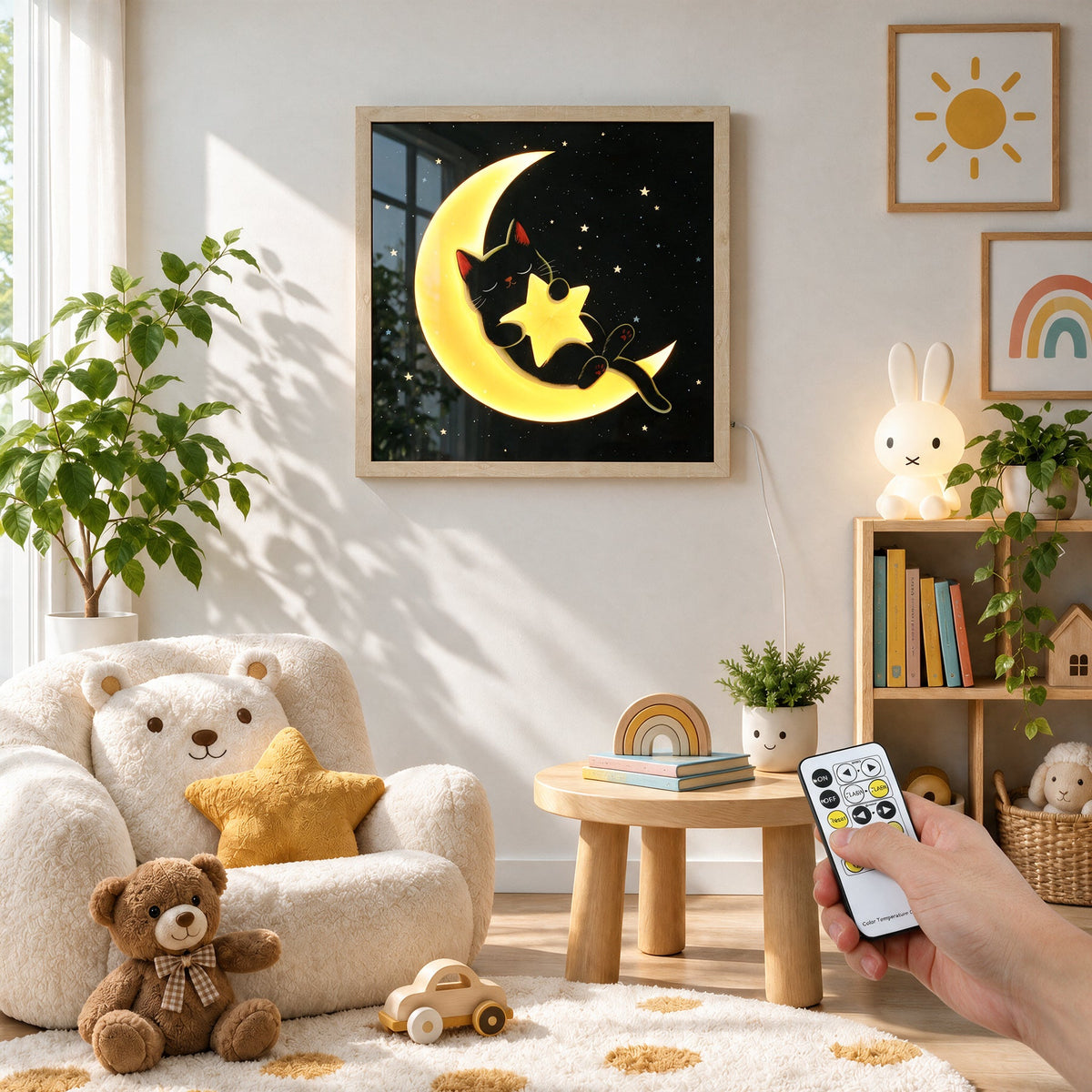 Lighted Framed Wall Art 24"x24" Moon Star Cat Wall Art Remote Control Color Changing LED Wall Decor