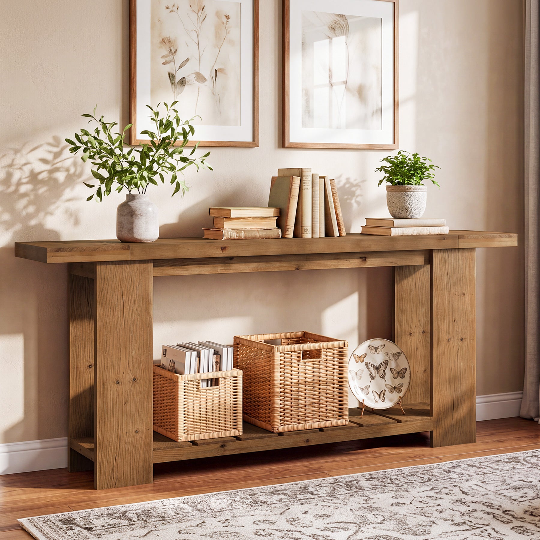 79" Solid Wood Console Table, Farmhouse Sofa Entryway Table with 2-Tier Storage