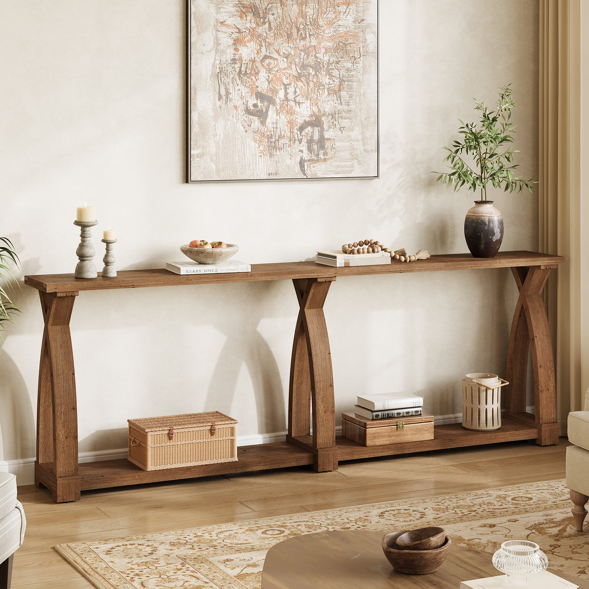 79" Solid Wood Console Table, Narrow 2-Tier Entryway Table with Shelf