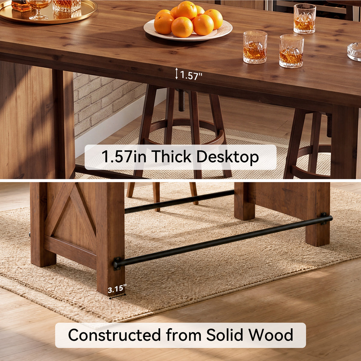 63" Farmhouse Solid Wood Kitchen Island with Metal Footrest, Counter Height Table