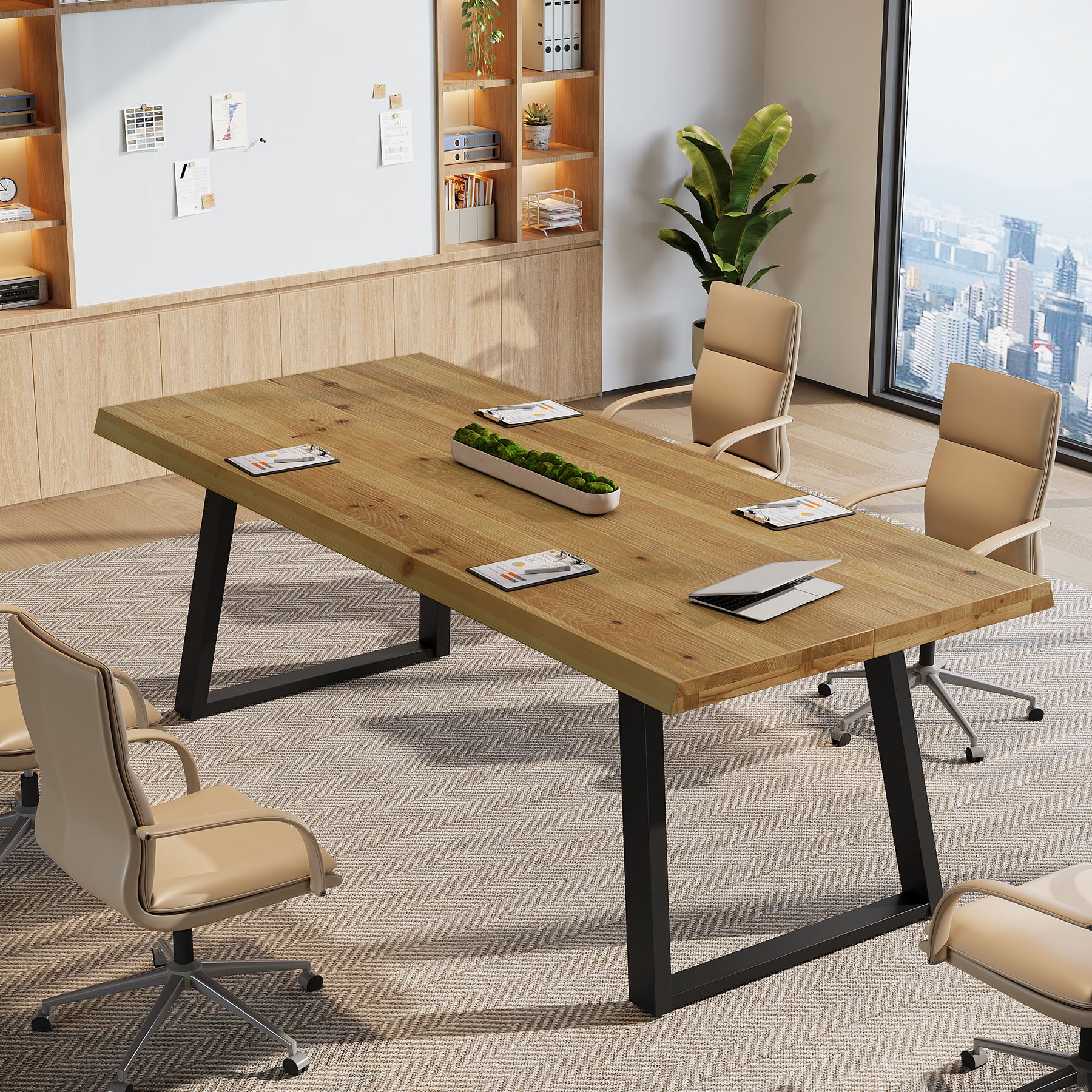 63" Solid Wood Conference Table, Farmhouse Computer Desk with Metal Legs