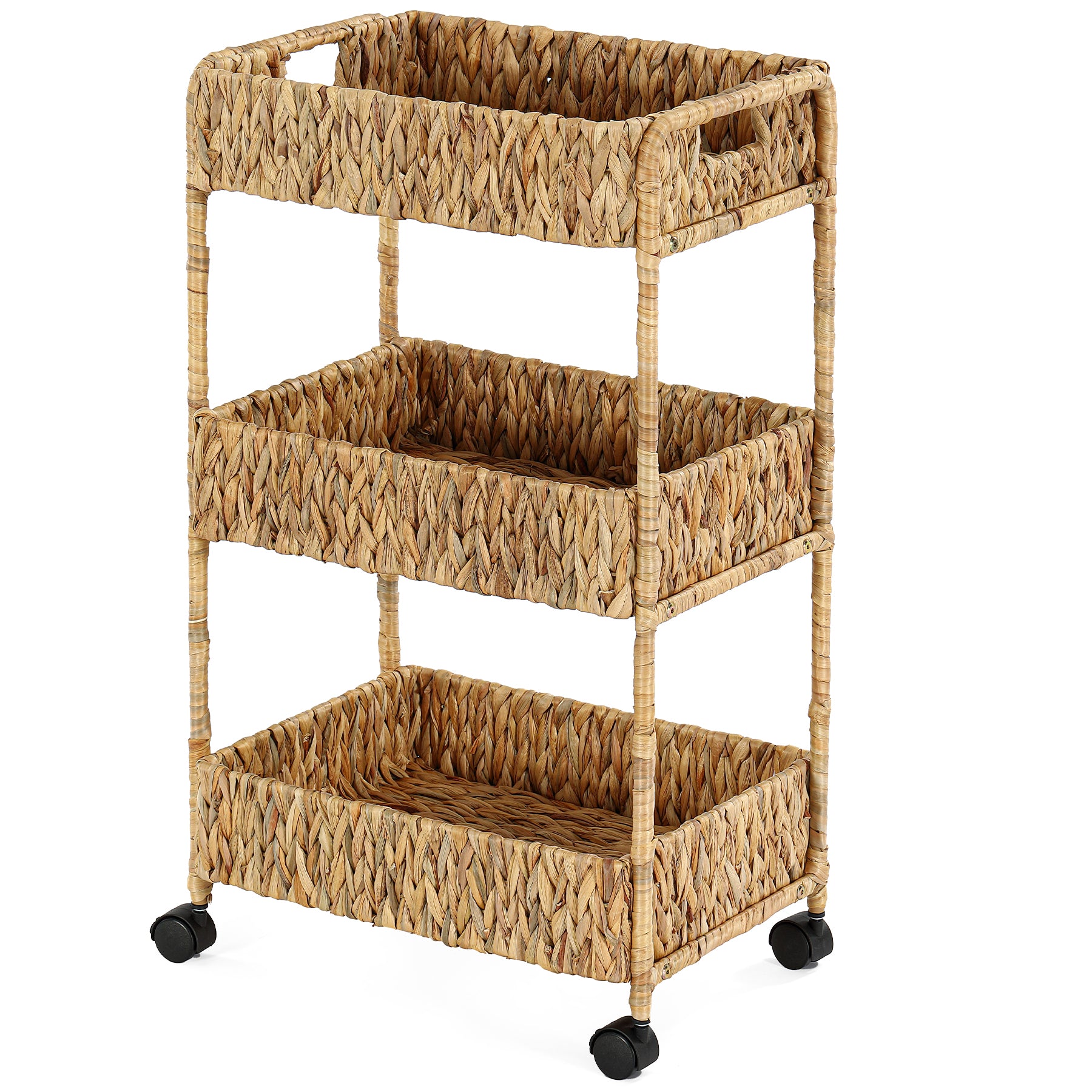 3-Tier Water Hyacinth Rolling Cart, Utility Storage Cart with Wheels for Bathroom Kitchen
