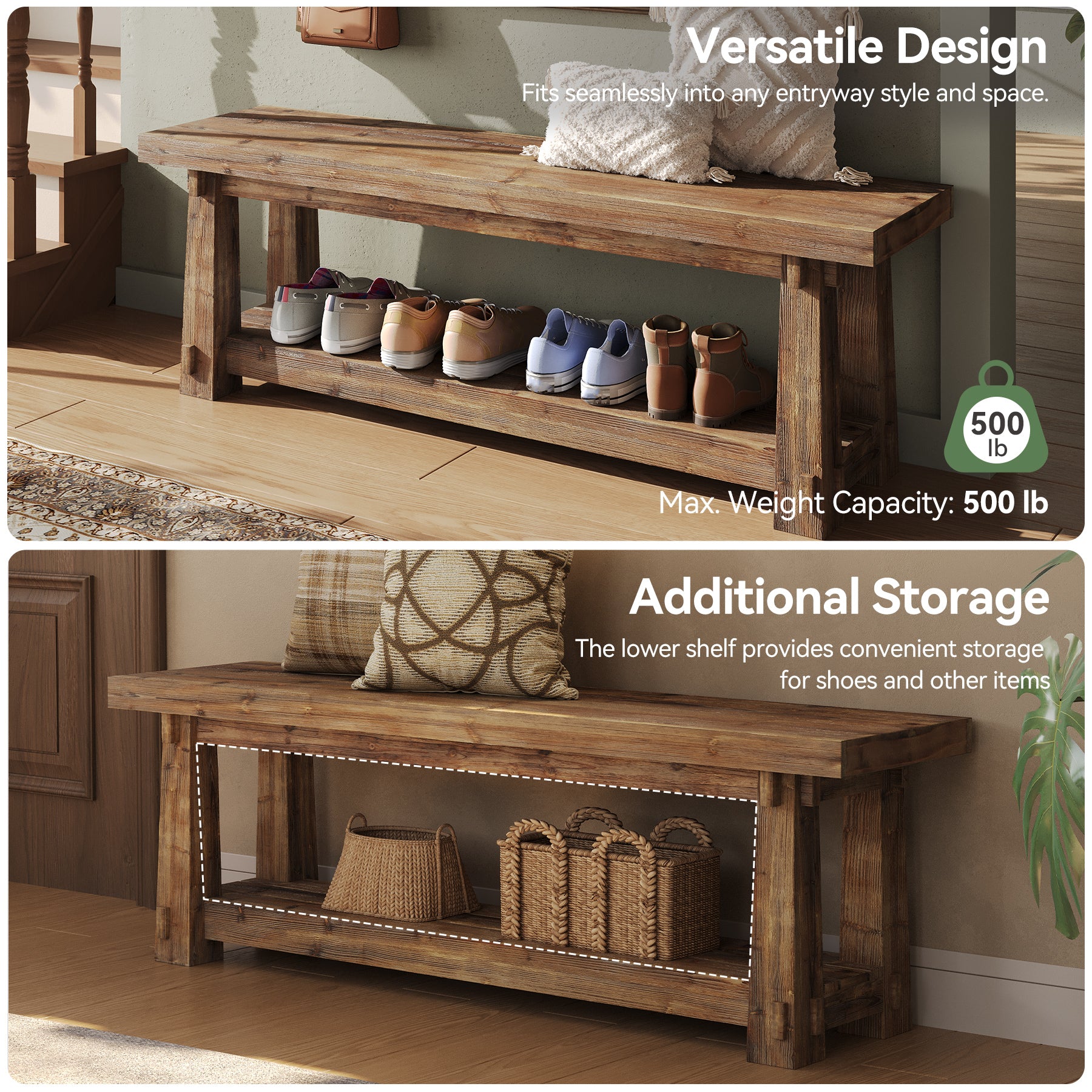 55" Entryway Bench, Foyer Bench with Shoe Storage for Hallway