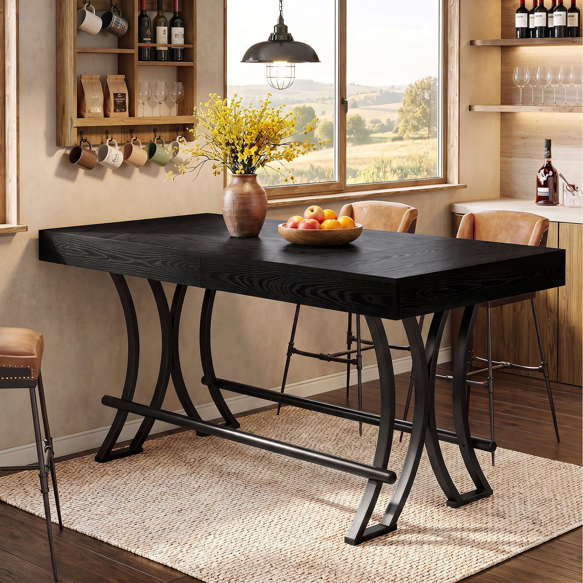 63" Bar Pub Table, Counter Height Kitchen Dining Table with Metal Footrest