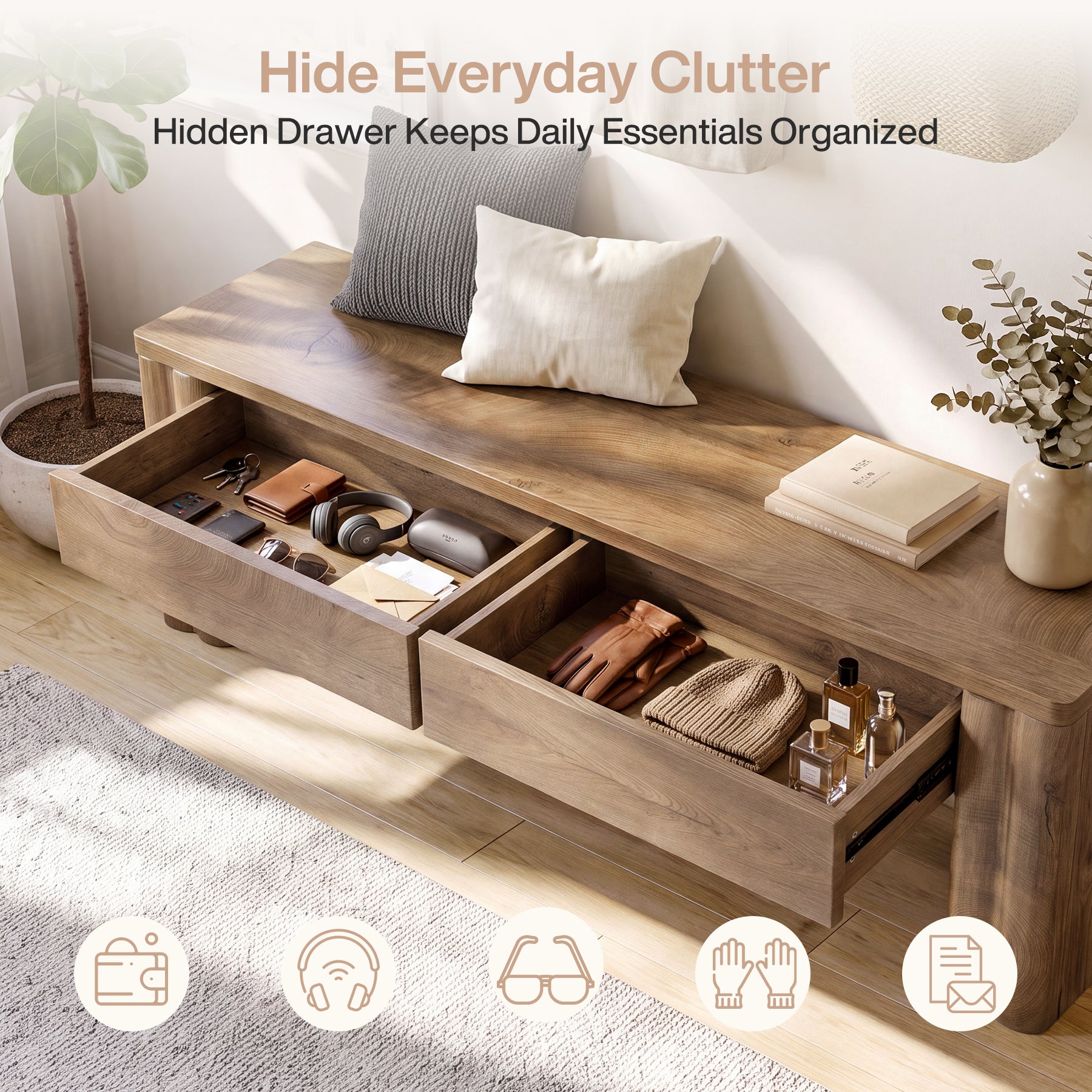55" Entryway Bench with 2 Storage Drawers, Modern End of Bed Bench with Thick Legs