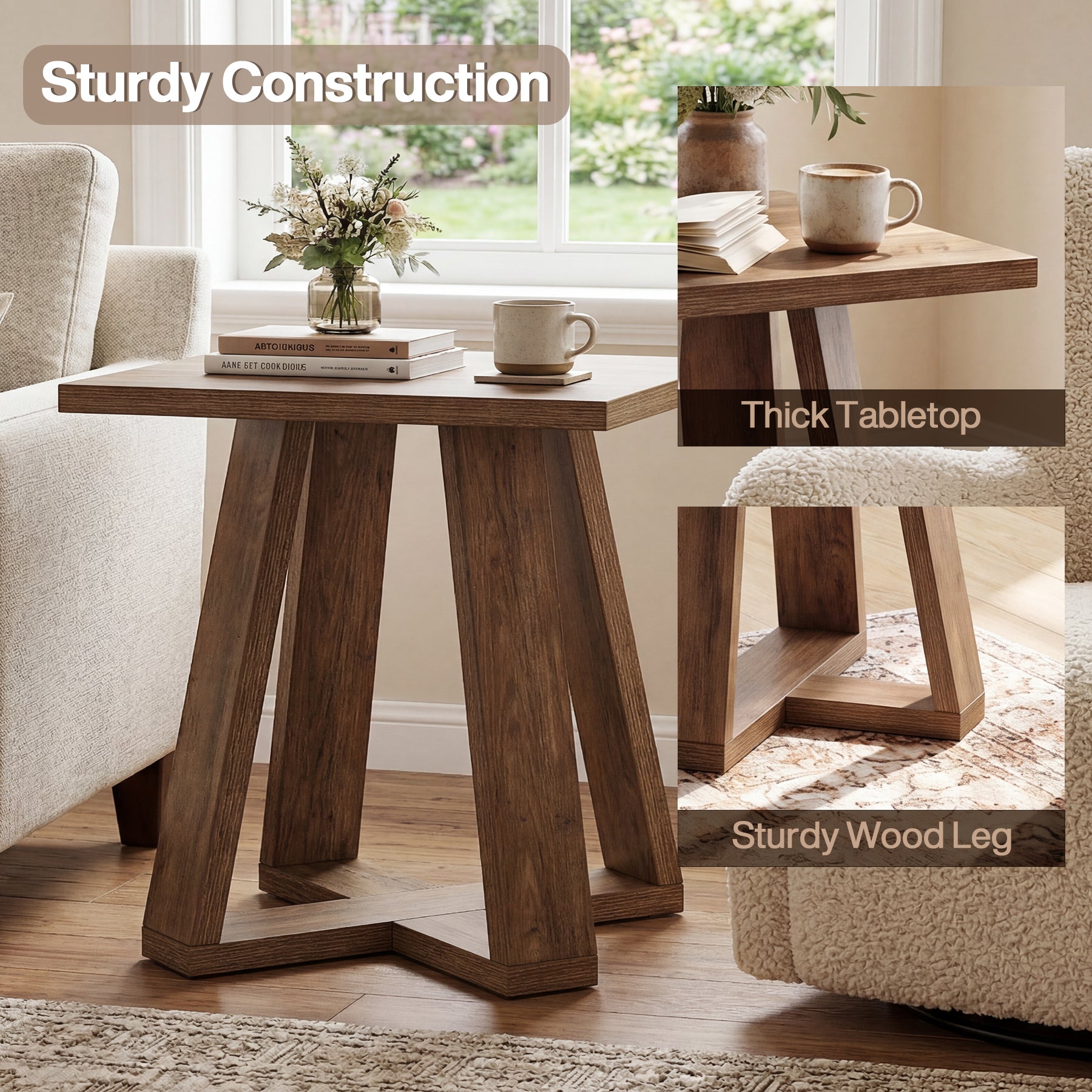 19.7" Farmhouse End Table, Cross Leg Square Side Table for Living Room
