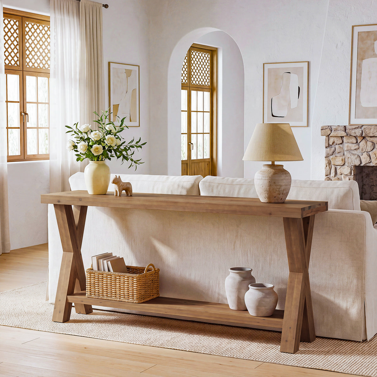 63" Solid Wood Console Table, 2-Tier Entryway Sofa Table with X-Brace Leg for Hallway