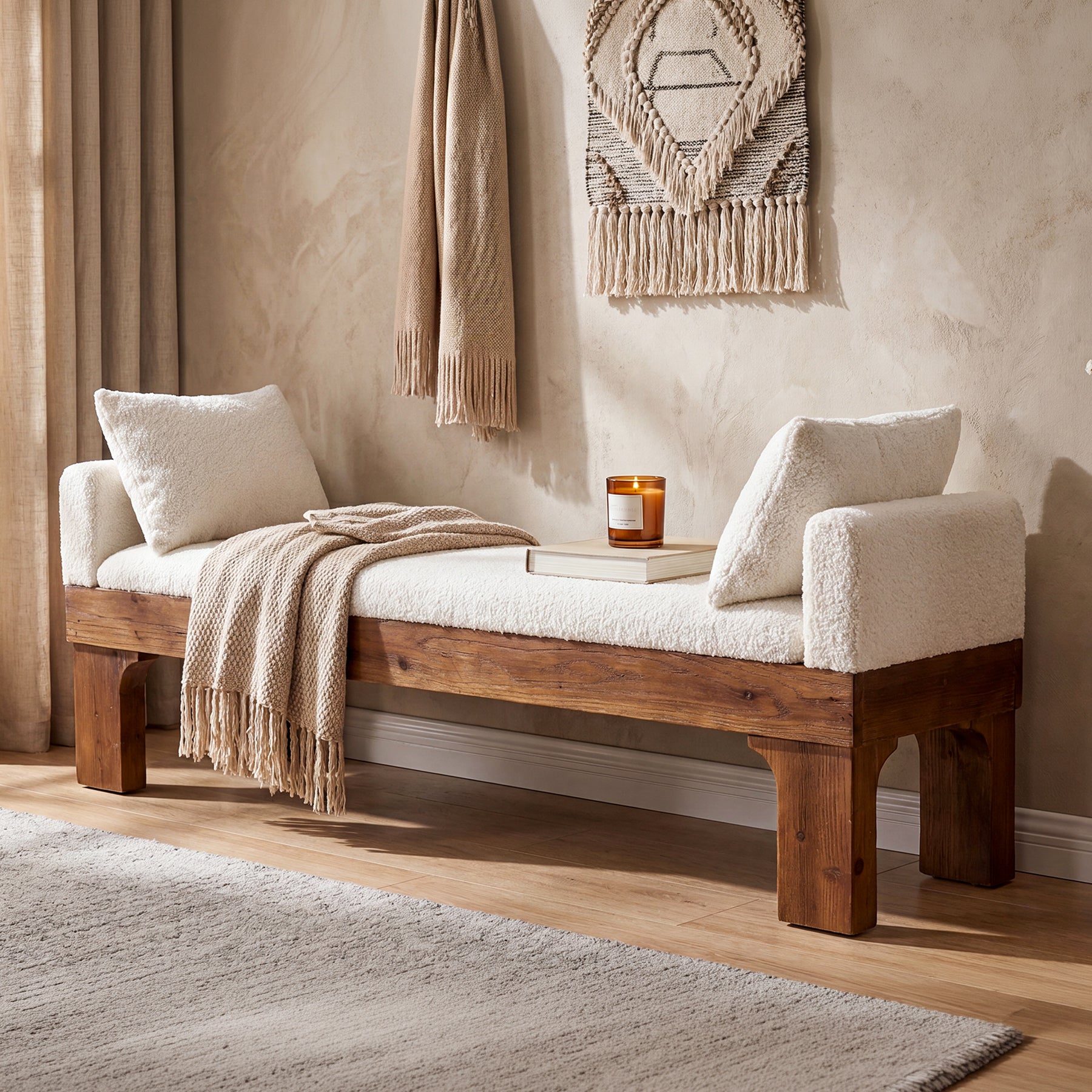 63" Upholstered End of Bed Bench, Boucle Bedroom Bench King Size with Solid Wood Frame