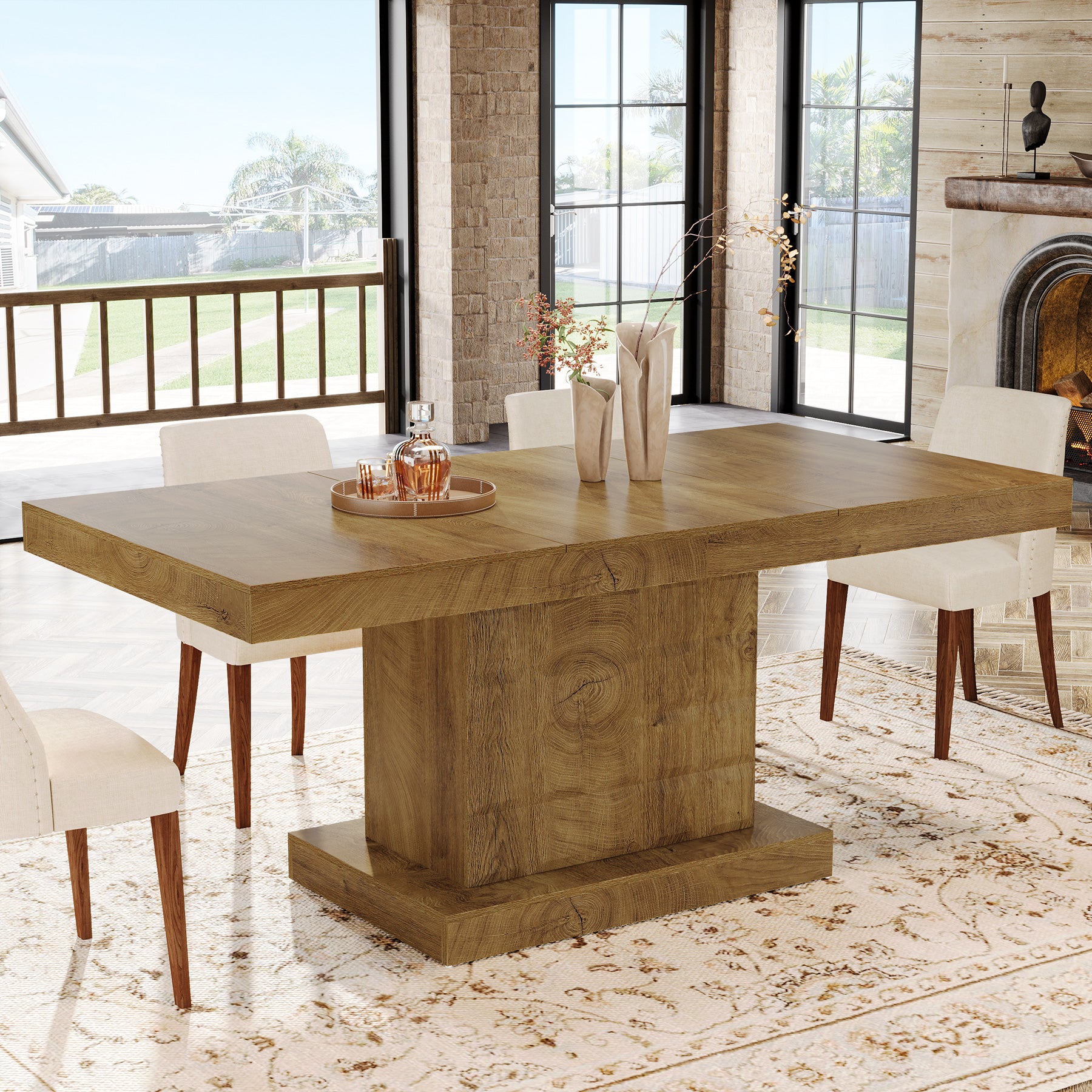 63" Dining Table, Rectangular Kitchen Table with Geometric Relief for 4-6