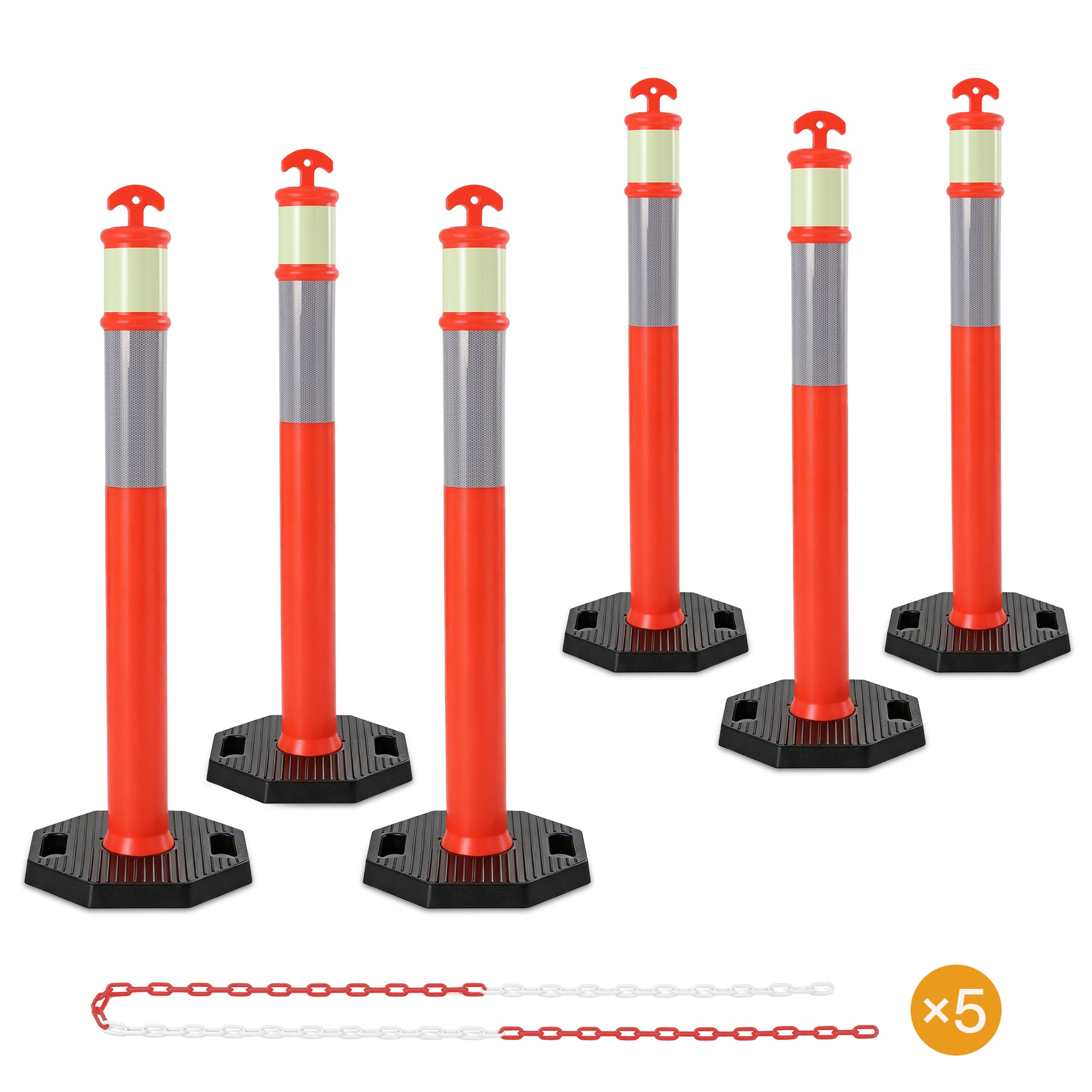 45" Reflective & Glow-in-the-Dark Traffic Delineator Posts with Heavy Rubber Base & Connecting Chains