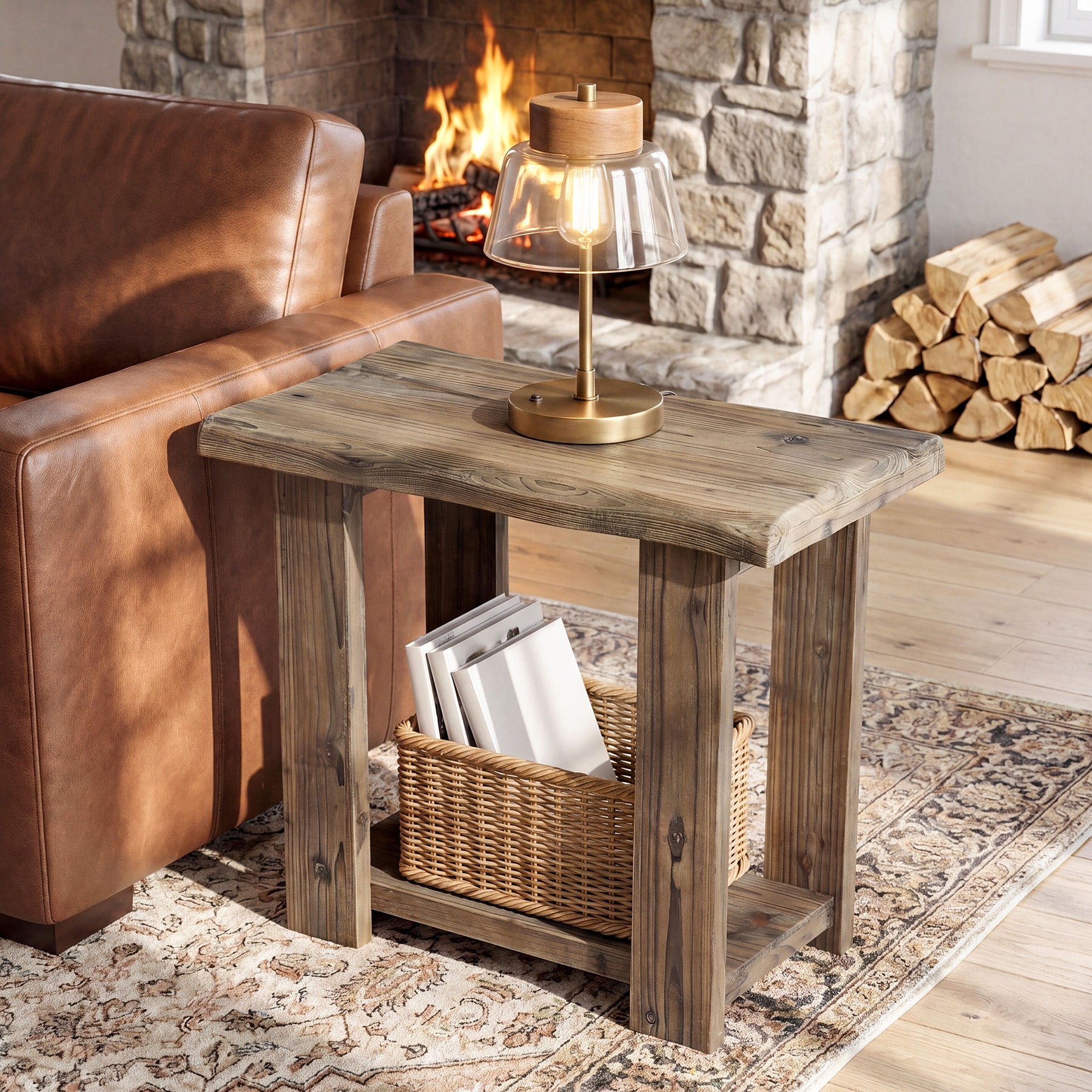 2-Tier Solid Wood End Table, Rectangle Side Table Nightstands for Living Room, Bedroom