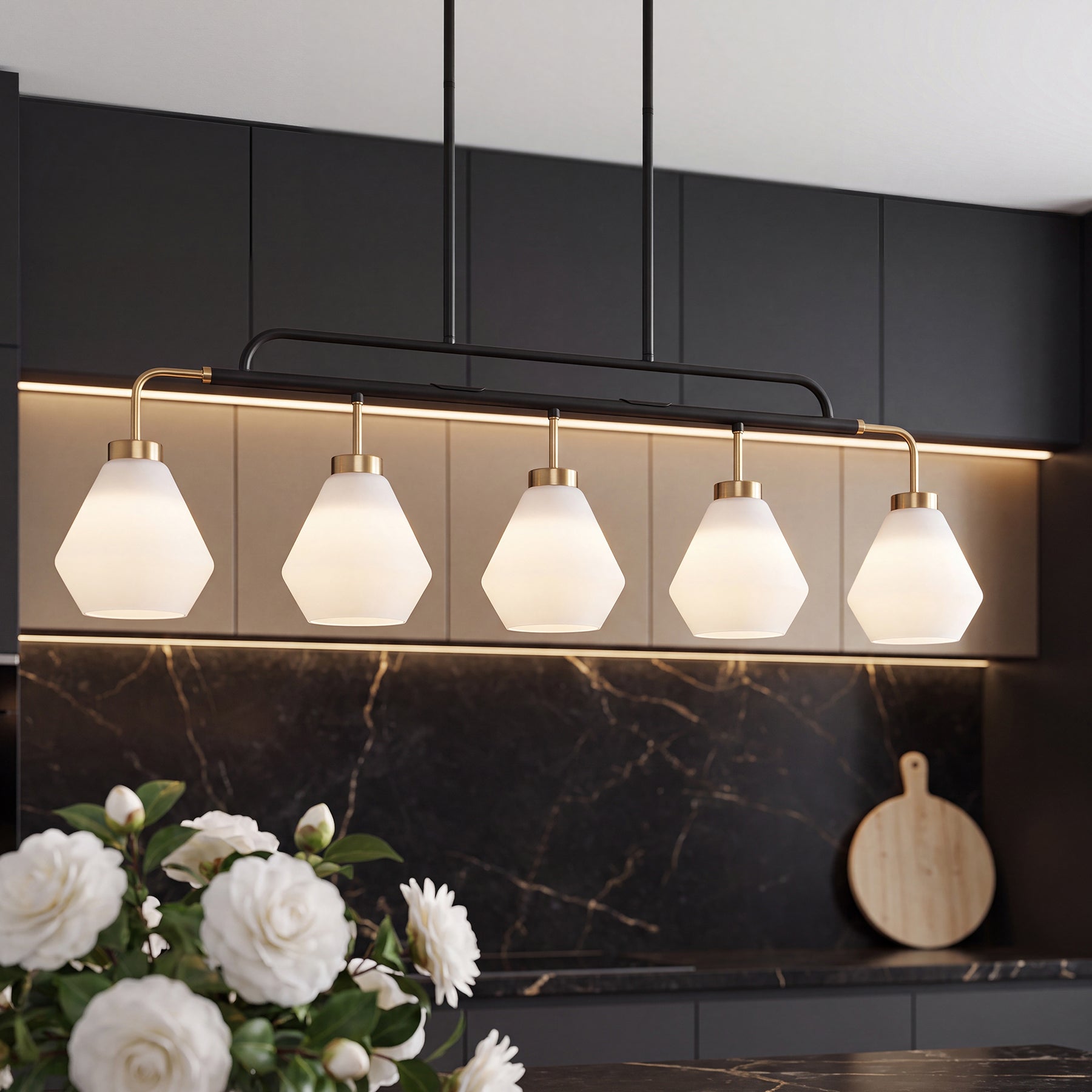 5-Light Pendant Light, Adjustable-Height Kitchen Island Light with Frosted White Glass, E26 Base