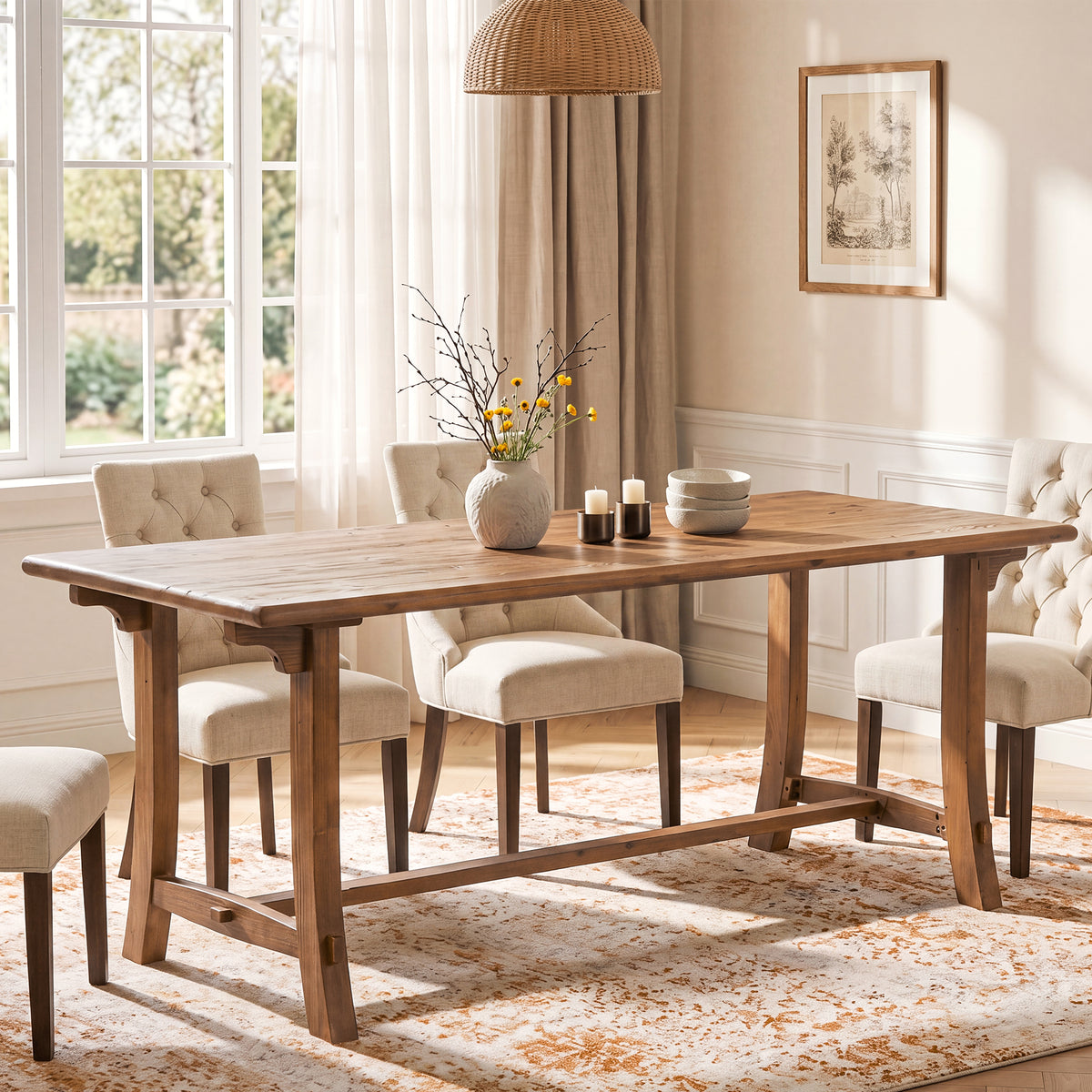 71" Farmhouse Trestle Dining Table for 6-8, Solid Wood Rectangle Kitchen Table