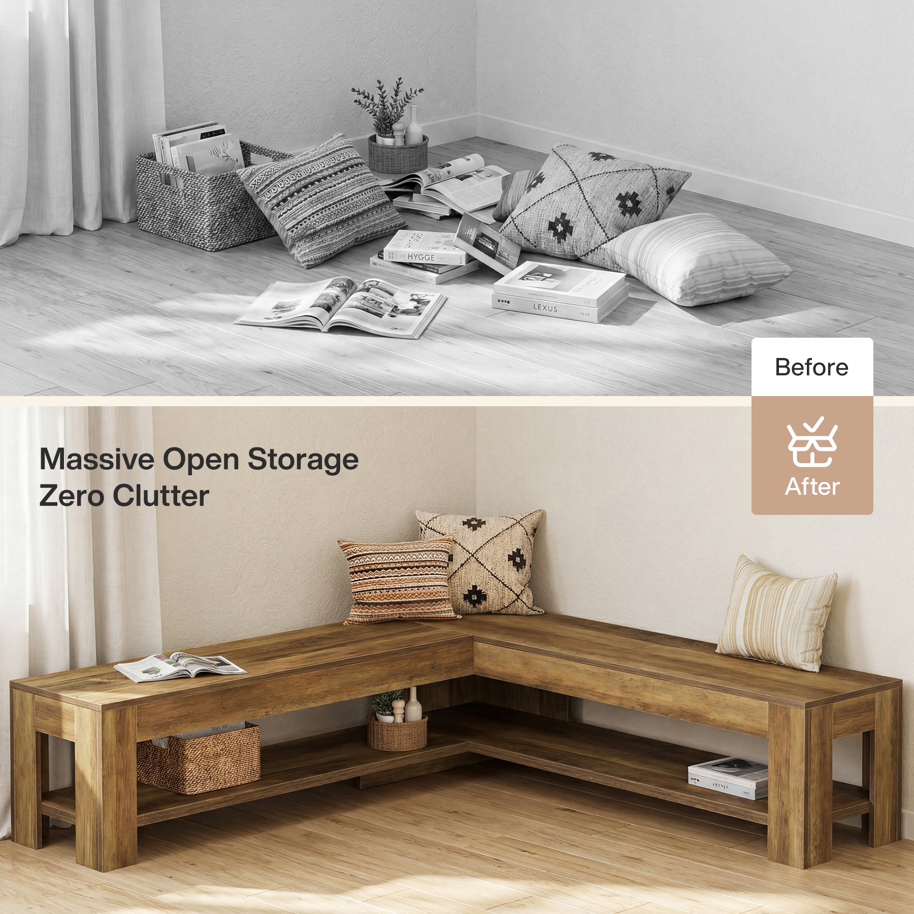 L-Shaped Bench, Corner Dining Nook Bench with Storage Shelf for Kitchen, Living Room