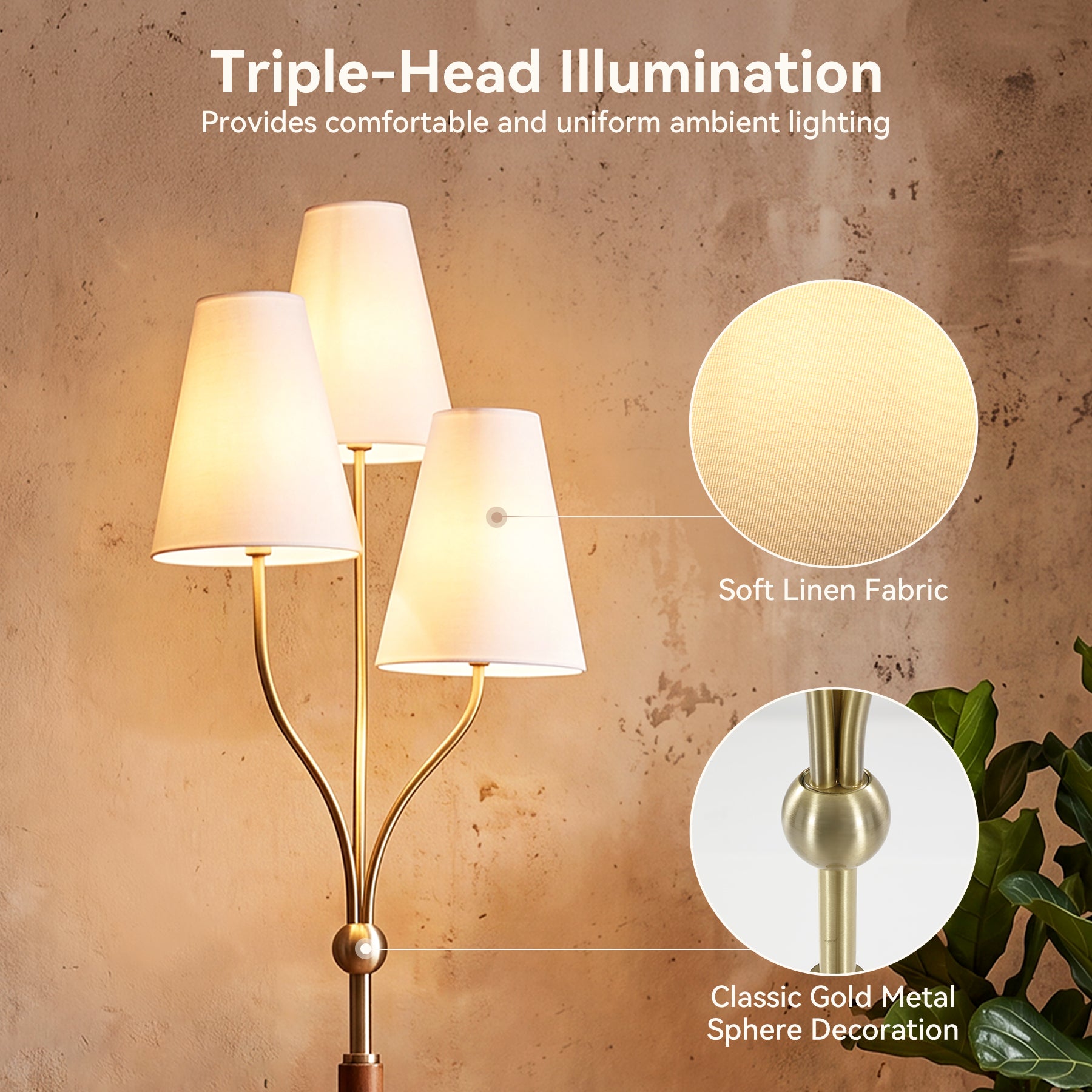 64.96" Height 3-Head Floor Lamp with Linen Fabric Shades, Natural Rubberwood Handle