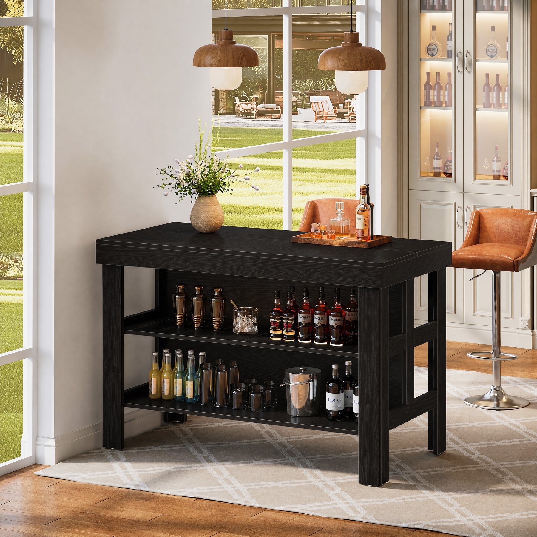Home Bar Table Unit, 55" Counter Height Bar Cabinet with Storage Shelves