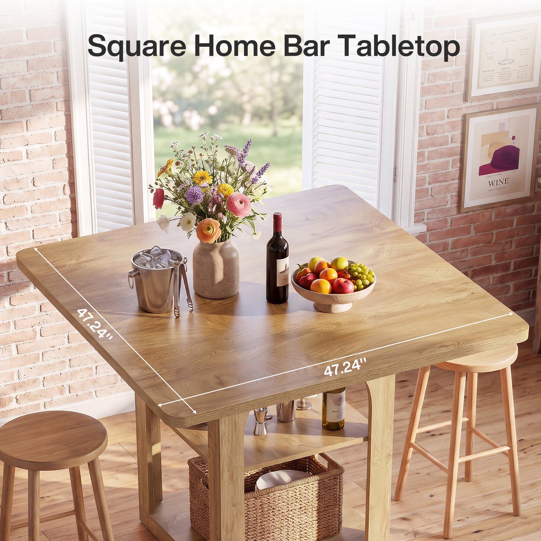 47.2" Square Bar Table, Farmhouse Counter Height Pub Table with Storage Shelves