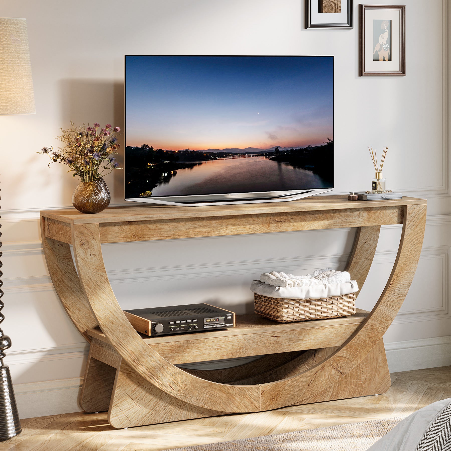 TV Stand for 55-75" TV, Entertainment Center with Open Storage Shelves