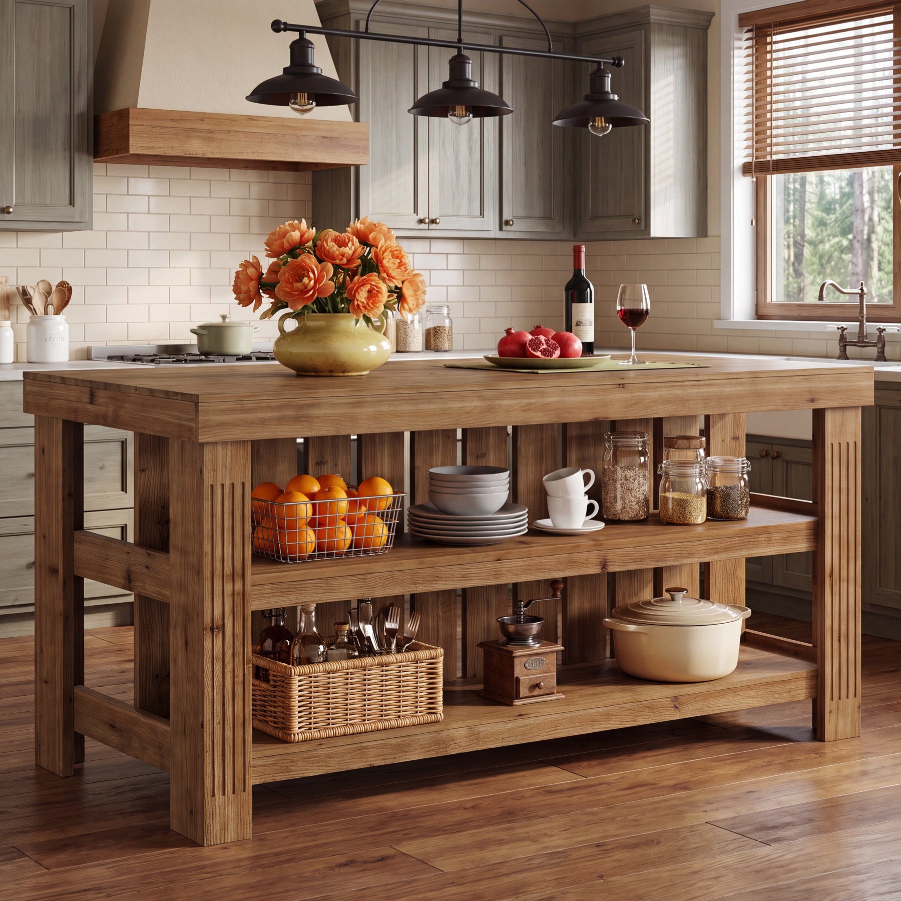 63" Solid Wood Kitchen Island, 3-Tier Farmhouse Stationary Island Table