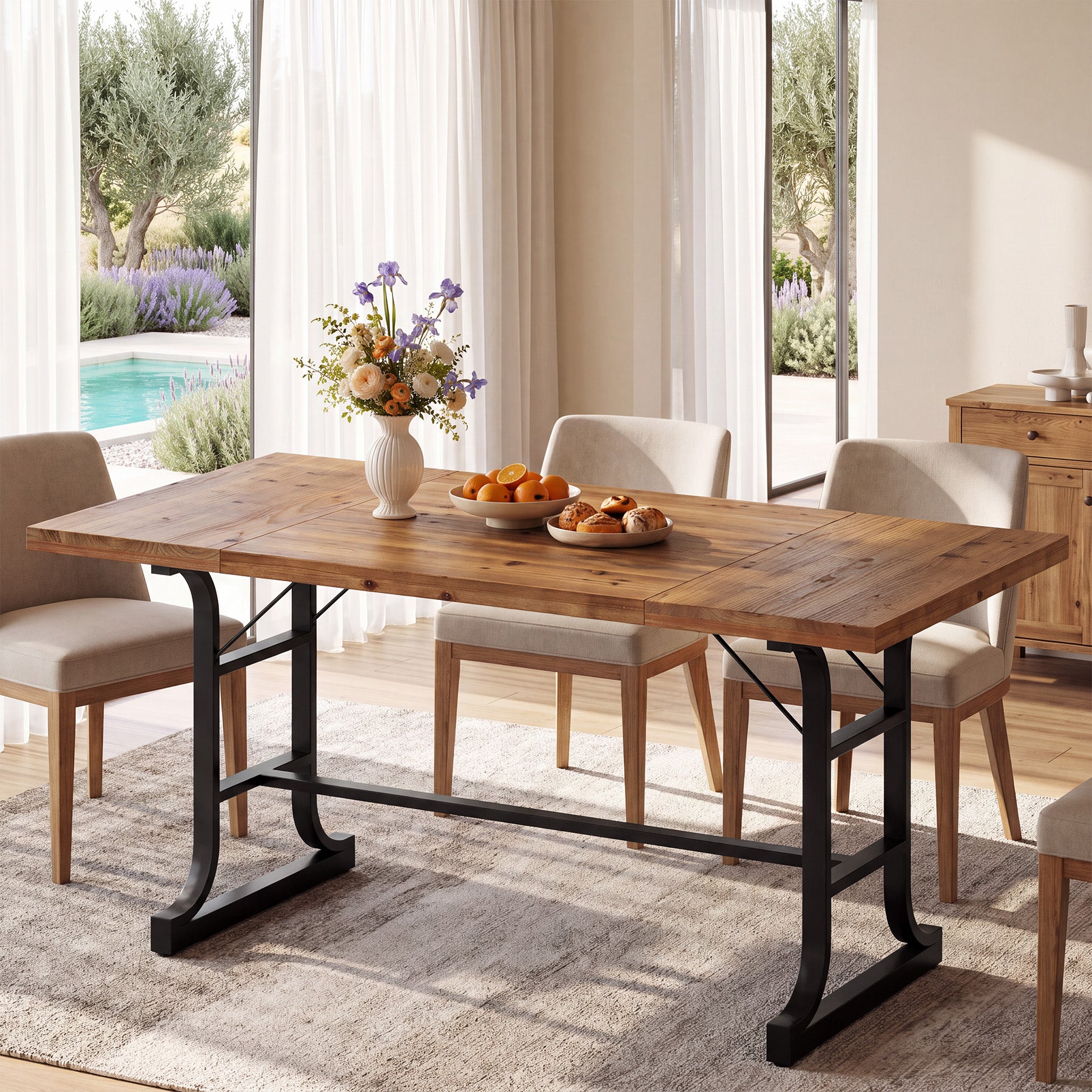 63" Solid Wood Dining Table for 4-6, Rectangular Kitchen Table with Metal Legs, Farmhouse