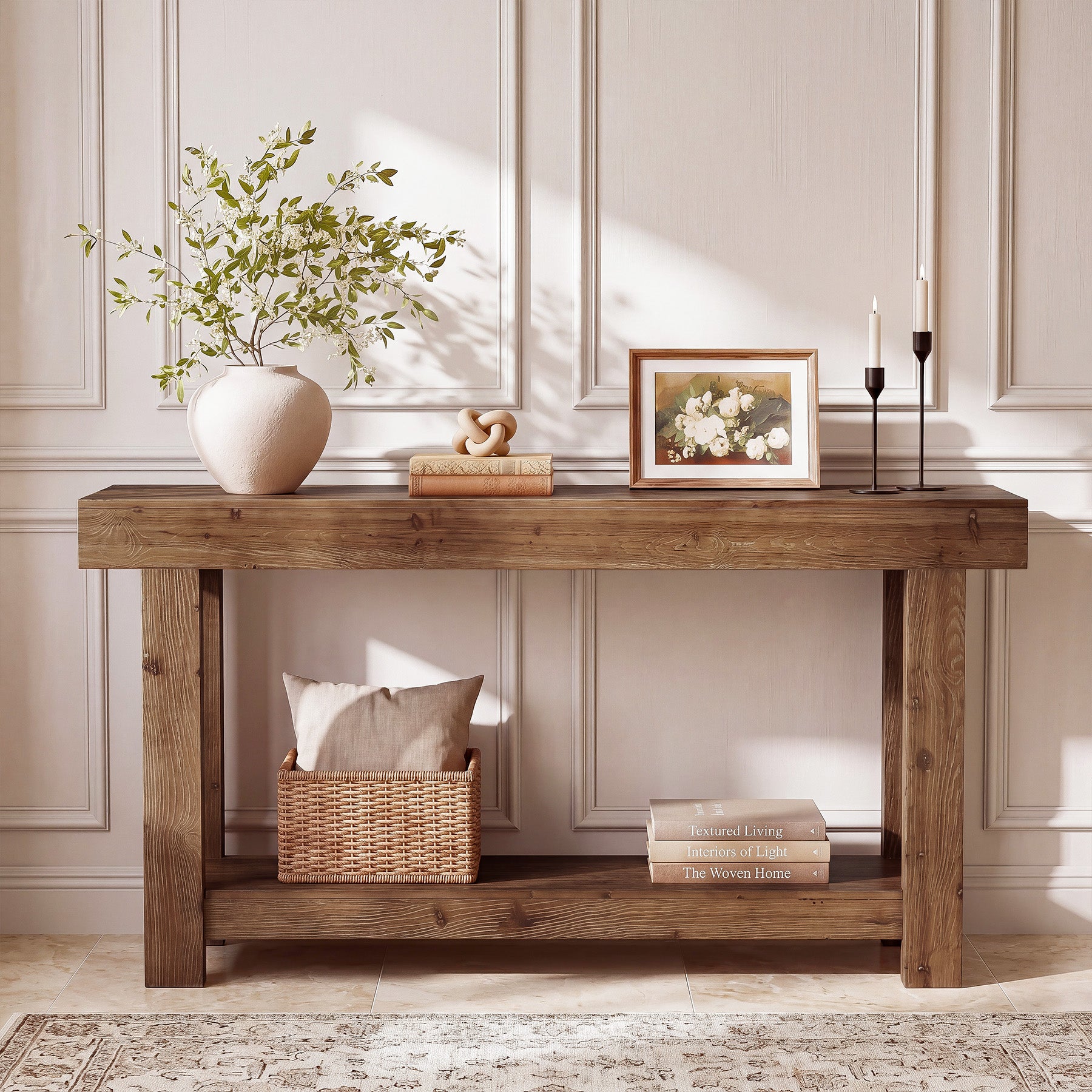 63" Solid Wood Console Table, 2-Tier Entryway Sofa Table with X-Shaped Support Frame