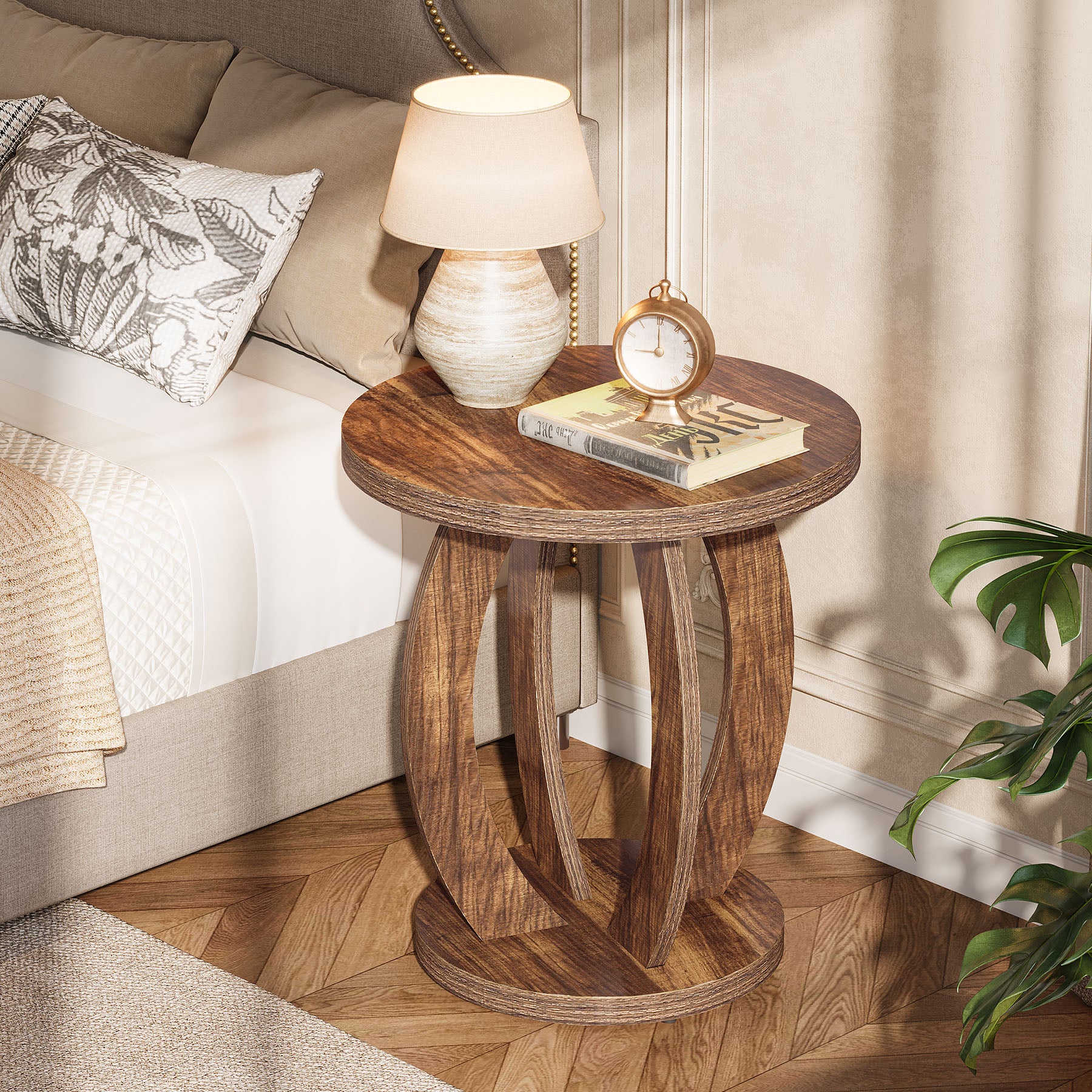 Round Nightstand with Storage, Large Bedside Table for Bedroom