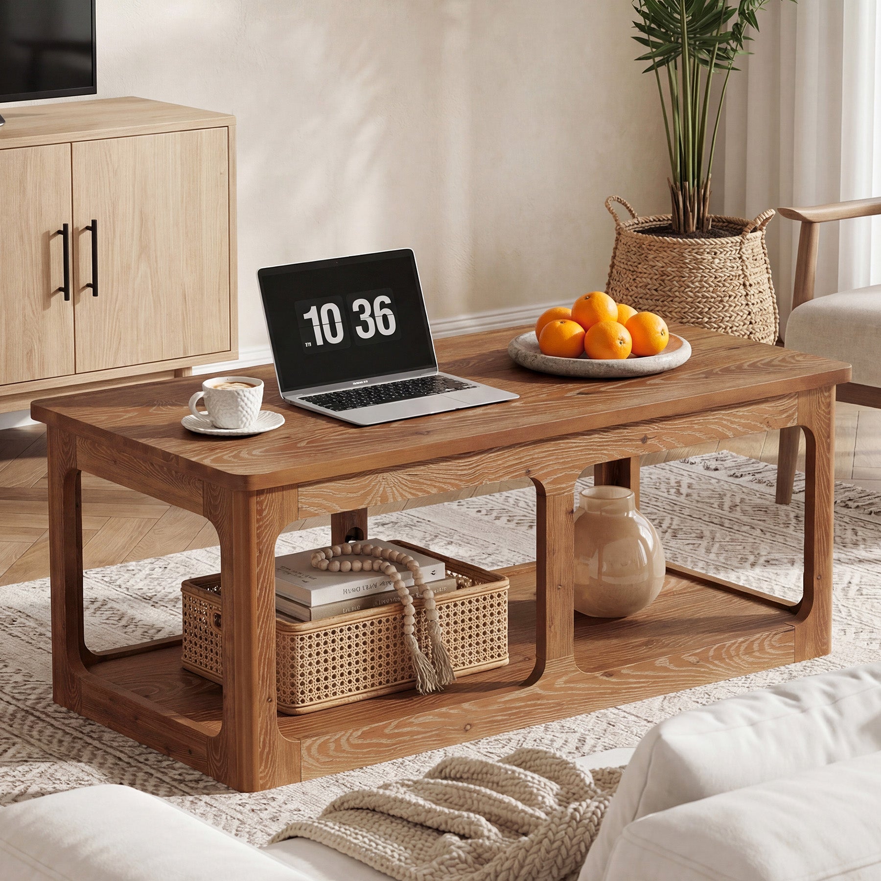 47.2" Rectangle Coffee Table, 2-Tier Solid Wood Center Table Cocktail Tea Table