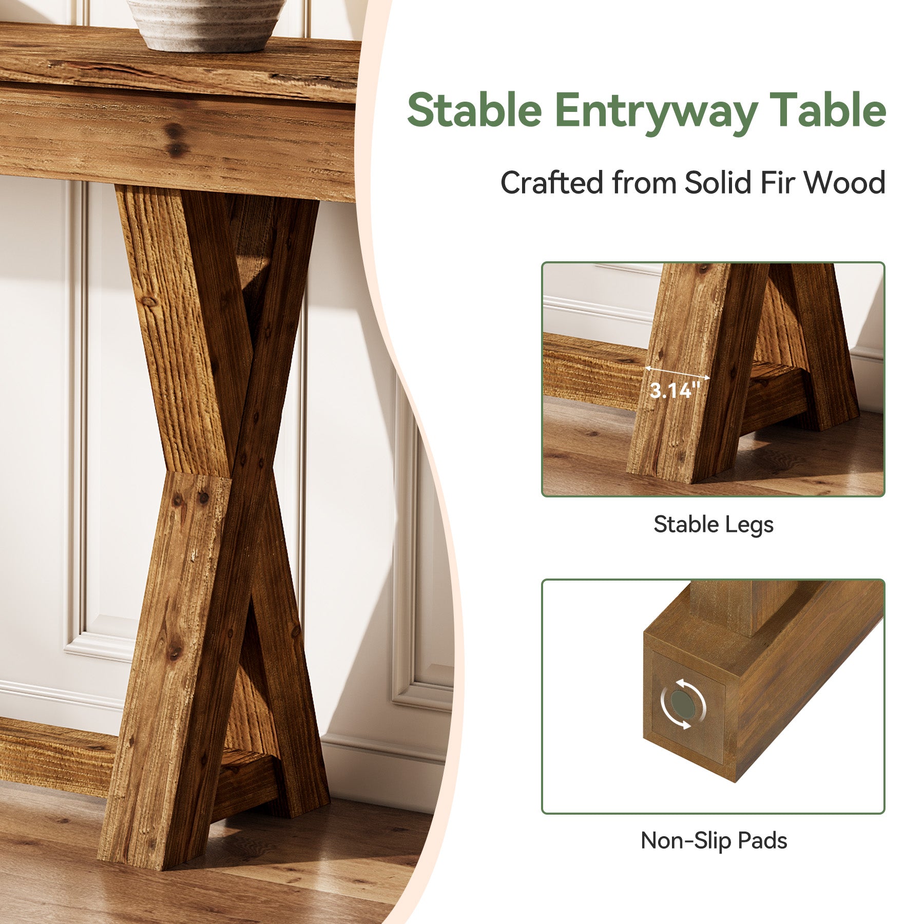 Solid Wood Console Table, 63" Sofa Entryway Table with X-Shaped Legs