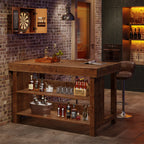 55" Farmhouse Bar Table, 3-Tier Solid Wood Bar Unit with Open Storage Shelves